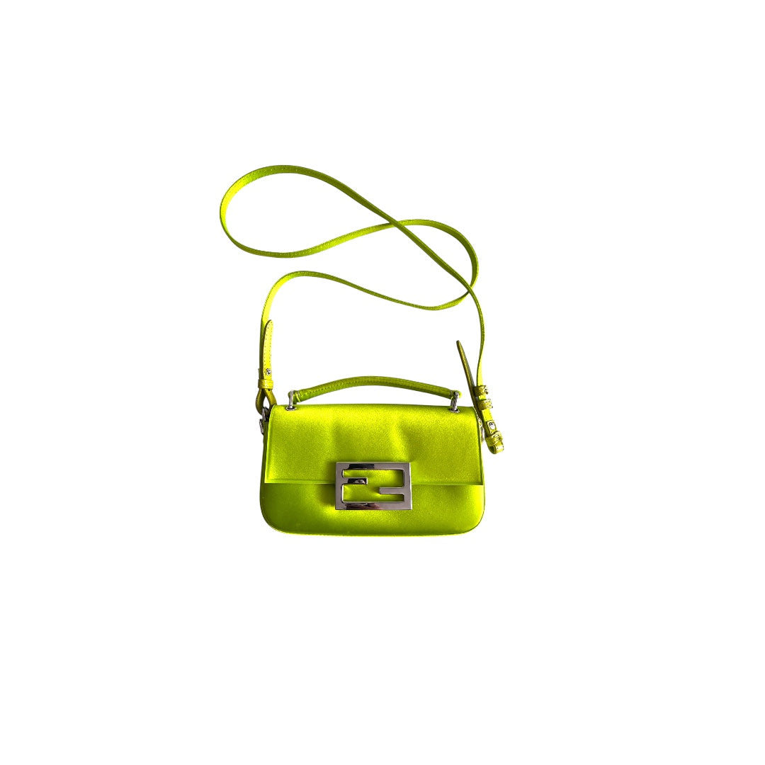 Fendi Neon Green Satin Shoulder Bag for Women | Luxury Designer Handbag for Evening Parties, Weddings & Special Occasions