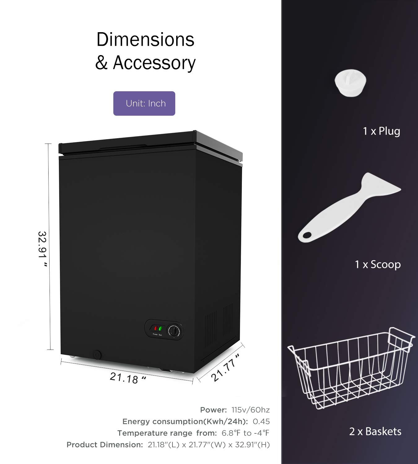 Northair 3.5 Cu Ft Compact Chest Freezer with 2 Removable Baskets - Ultra Quiet Operation & 7 Adjustable Temperature Settings - Perfect for Home, Garage, or Basement Storage - Black