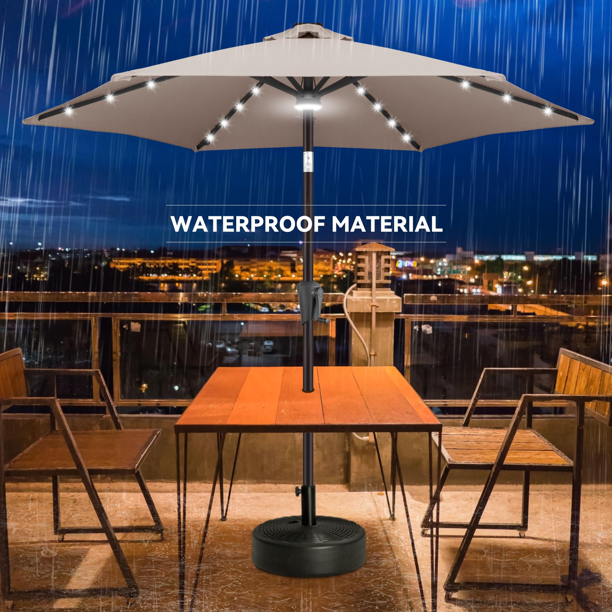 7.5ft Solar Powered LED Patio Umbrella with Tilt & Crank - Waterproof UV Protection Outdoor Table Umbrella for Pool, Garden, Deck, Backyard (Taupe) | Perfect for Summer Evenings, Outdoor Dining & Relaxation