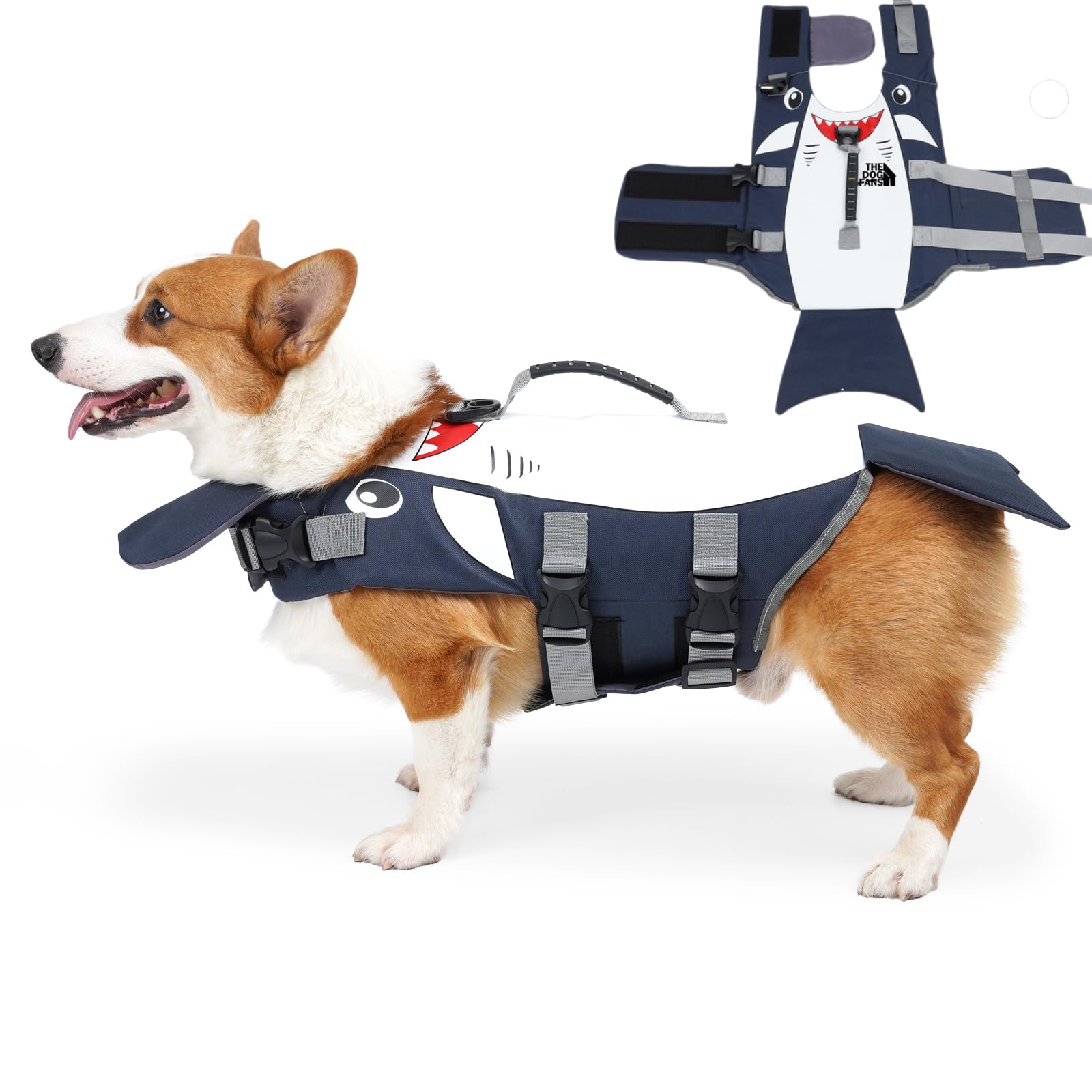 **Cartoon Shark Dog Life Jacket - Adjustable Pet Floatation Safety Vest with Rescue Handle & D-Ring for Swimming & Boating - Small, Medium, Large Sizes (Small) - Perfect for Beach, Pool & Boat Adventures**