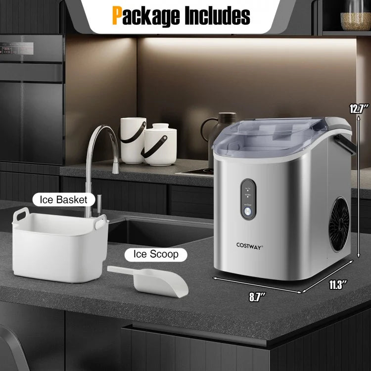 Nugget Countertop Ice Maker - Portable Pellet Ice Machine with Soft Chewable Ice, Silver - Perfect for Home Bars, Offices, and Outdoor Parties