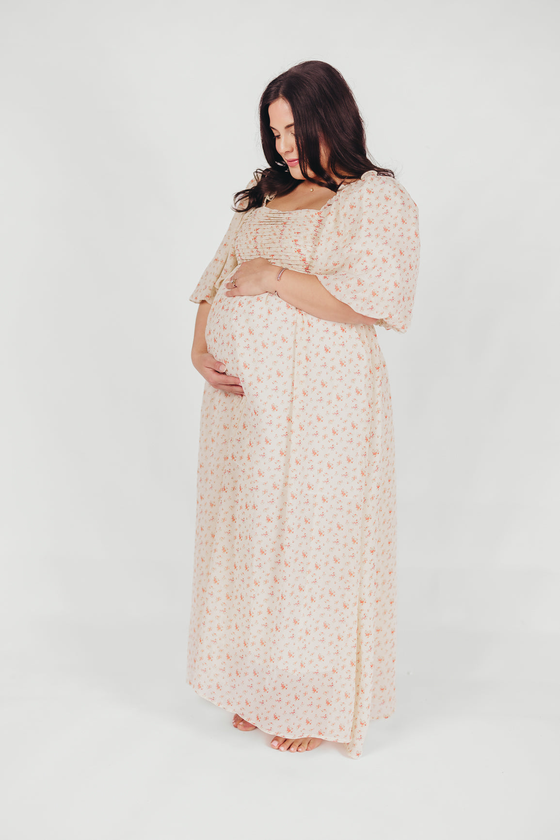 Melody Maxi Dress with Pleats & Bow Detail - Ivory Floral Print Maternity Dress | Bump Friendly & Inclusive Sizing (S-3XL) | Perfect for Weddings, Baby Showers & Summer Events