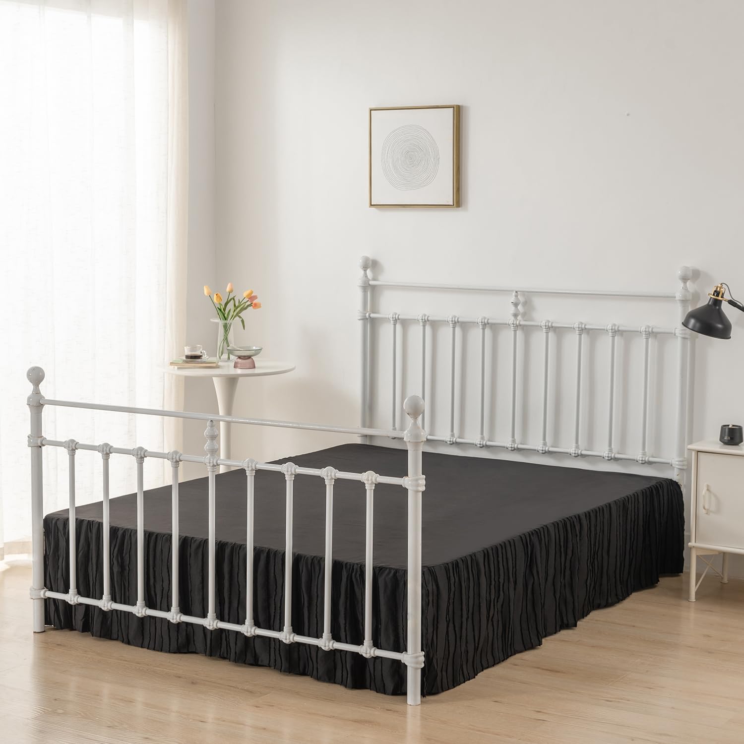 Full Size Bed Skirt - 14 Inch Drop Ruffled Split Corner Design, Striped Boho Style in Black | Perfect for Guest Rooms, Master Bedrooms & Bohemian Home Decor