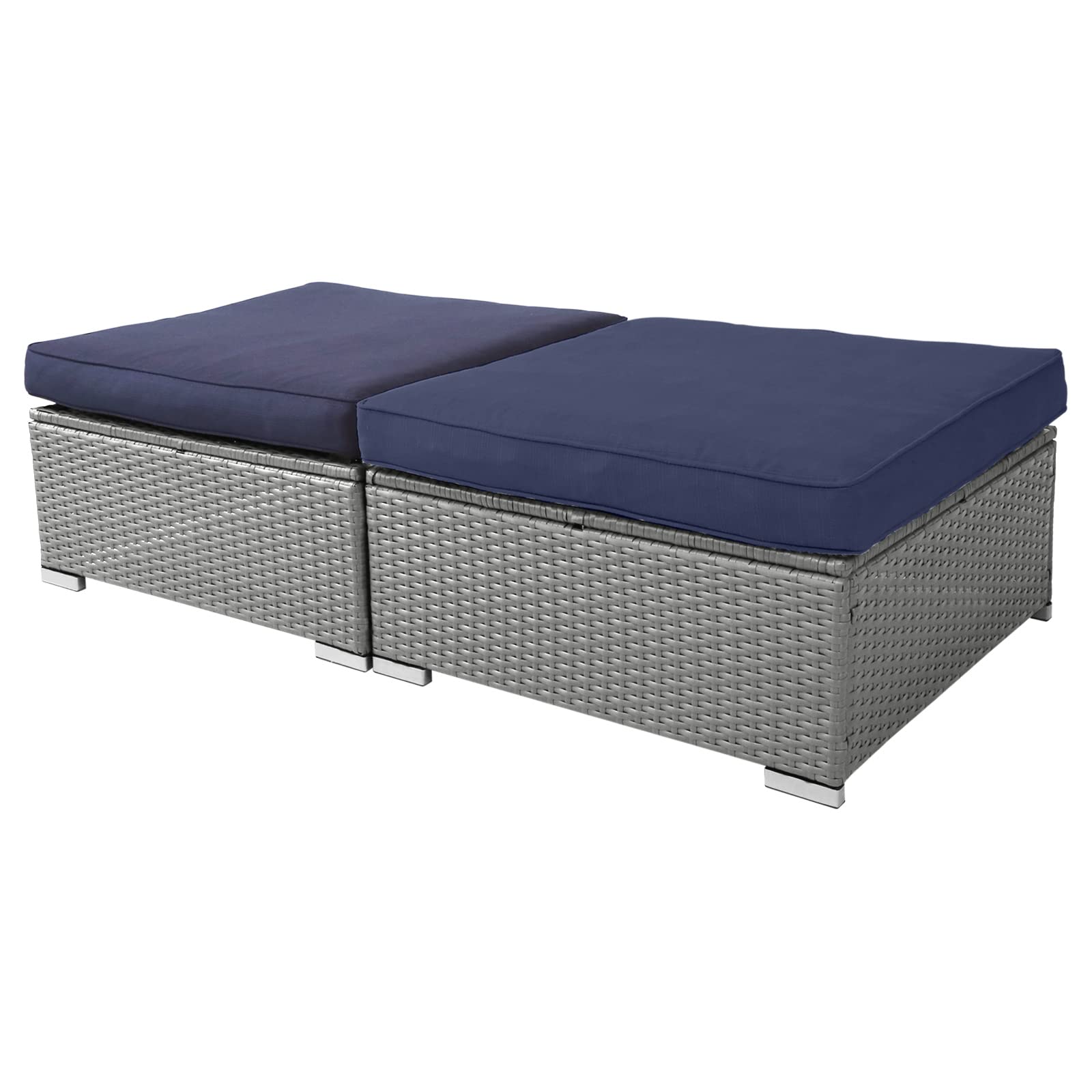 2-Piece Outdoor Ottoman Set - All-Weather Grey Wicker Footstool with Removable Cushions, Patio Rattan Furniture for Balcony, Backyard & Garden (Dark Blue) - Perfect for Relaxing, Entertaining & Outdoor Lounging
