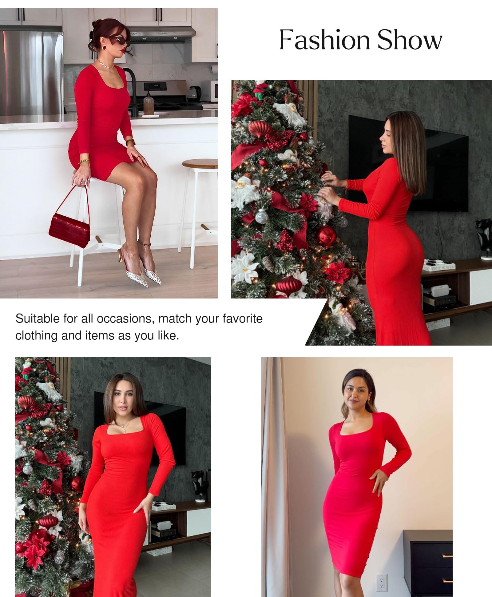 Popilush Women's Long Sleeve Bodycon Midi Dress with Built-in Bra - Tummy Control Shapewear for Cocktail Parties, Night Out, Date Night & Special Occasions