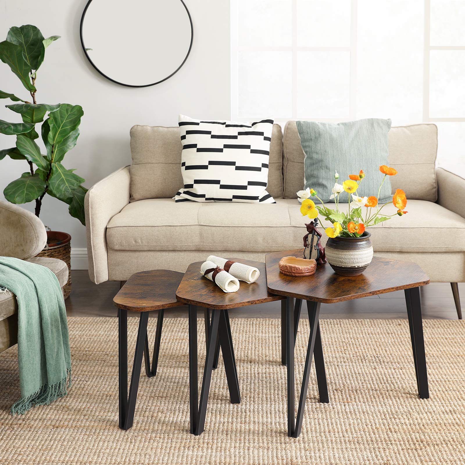 VASAGLE 3-Piece Nesting Coffee Table Set, Industrial Style Stacking End Tables for Living Room - Sturdy Steel Frame, Easy Assembly, Rustic Brown & Black LNT14BX | Perfect for Small Spaces, Modern Home Decor & Coffee Table Organization