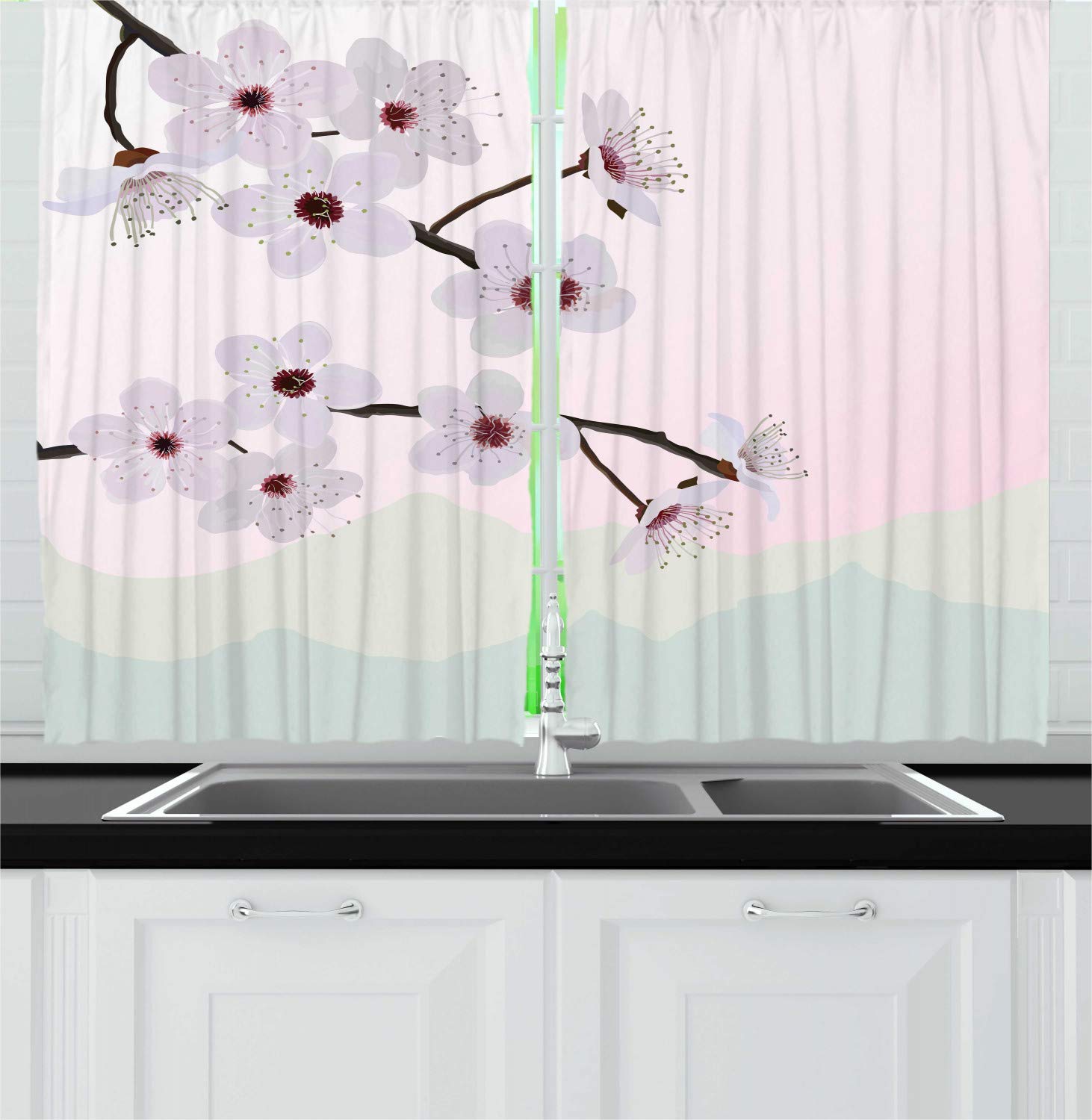 Ambesonne Almond Blossom Kitchen Curtains Set of 2 Panels - Pink Floral Mountain Landscape Window Drapes for Kitchen & Cafe Decor, 55