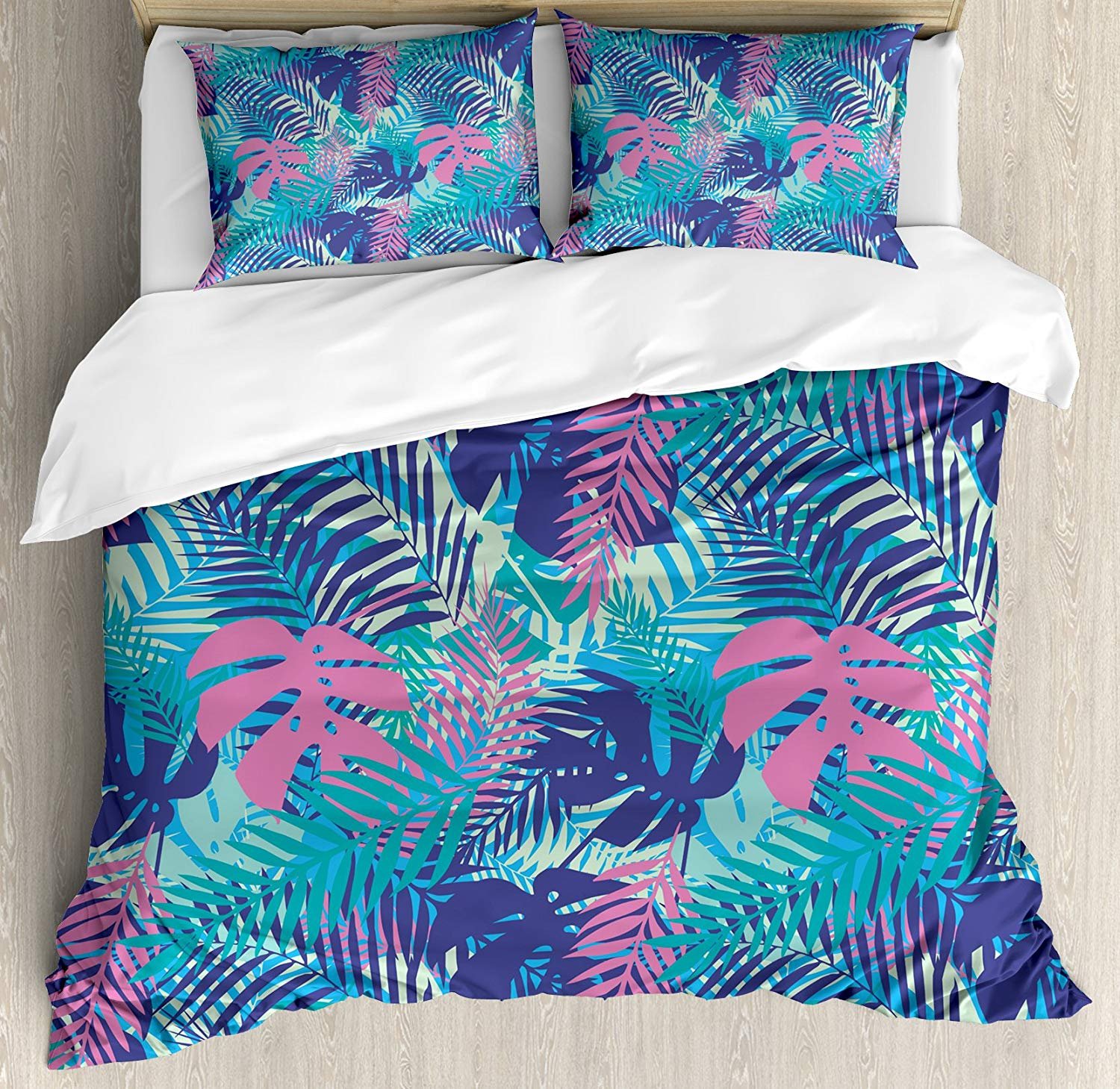 Custom Bed USA 4-Piece Duvet Cover Set (1 Duvet Cover + 1 Flat Sheet + 2 Pillowcases) - Cal King Size Tropical Leaf Pattern with Digital Neon Colors - Perfect for Coastal, Island, or Boho Bedroom Decor