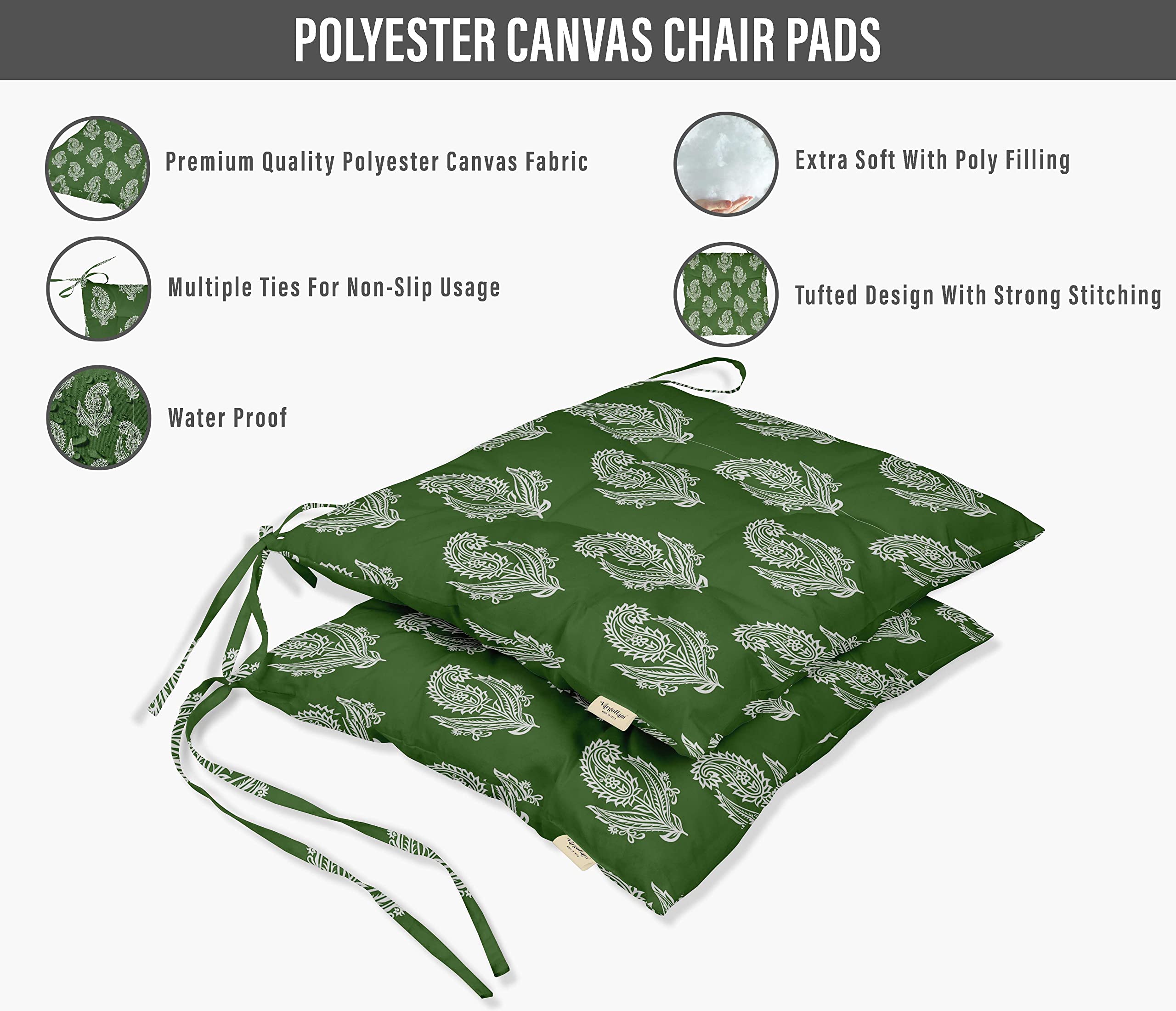 Water Resistant Indoor/Outdoor Tufted Square Patio Cushion Set of 2 - 19-inch Green Asian Block Paisley Printed Seat Cushions for Garden, Deck & Poolside Furniture | Weatherproof Outdoor Decor