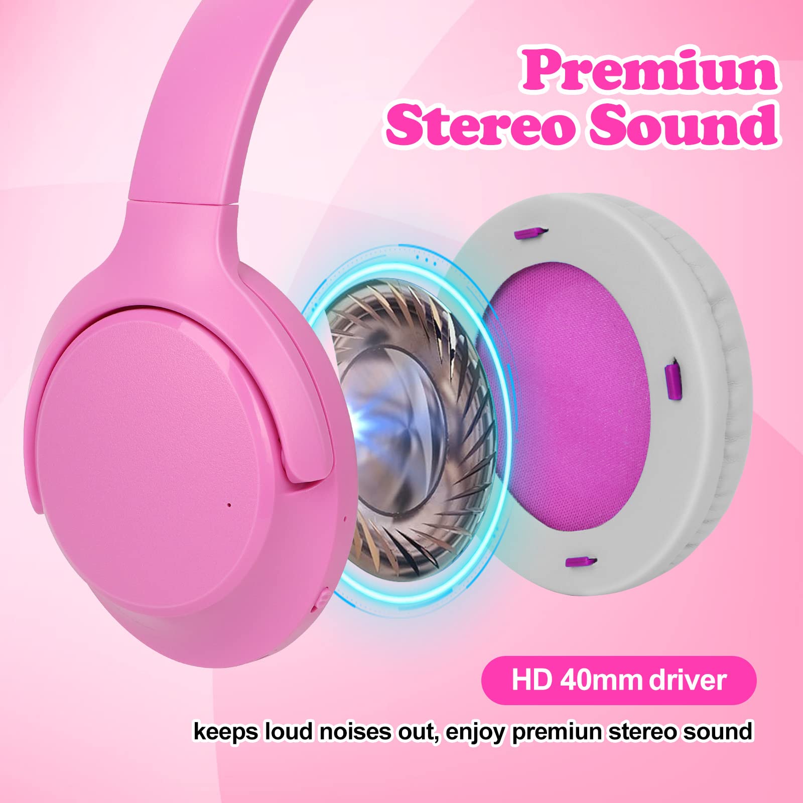 FFZ Kids Wireless Headphones with Volume Limiter - Adjustable Over-Ear Bluetooth 5.3 Headphones with Built-in Mic for Boys & Girls - Safe for School, Travel, iPad, Tablet & PC Use (Pink) - Perfect for Online Learning, Airplane Rides & Home Entertainment