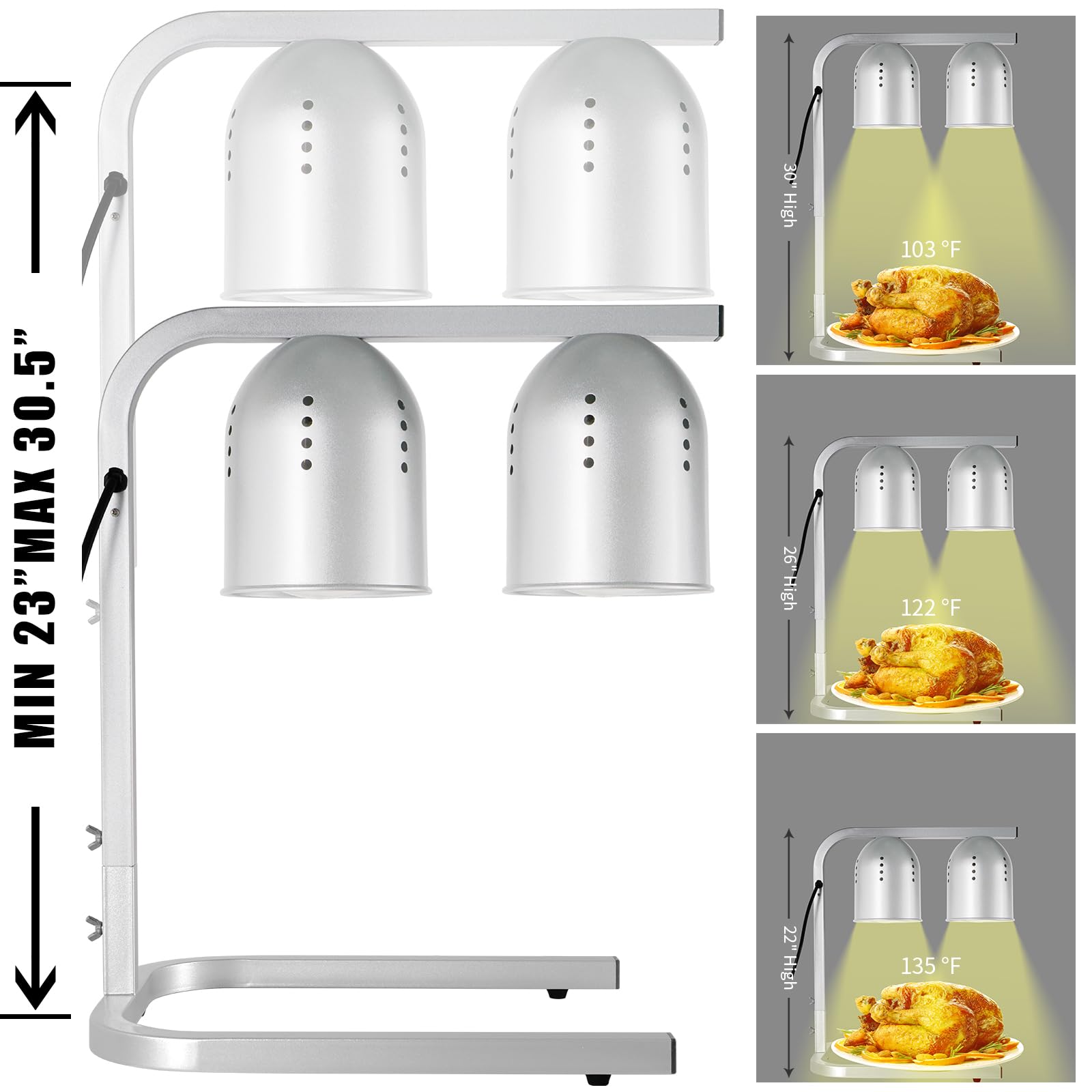Commercial Food Heat Lamp with Adjustable Height Stand - 2 x 250W Bulbs for Fast & Even Heating | Perfect for Restaurants, Buffets, Bakeries & Home Kitchens | Keep Food Warm for Serving & Display