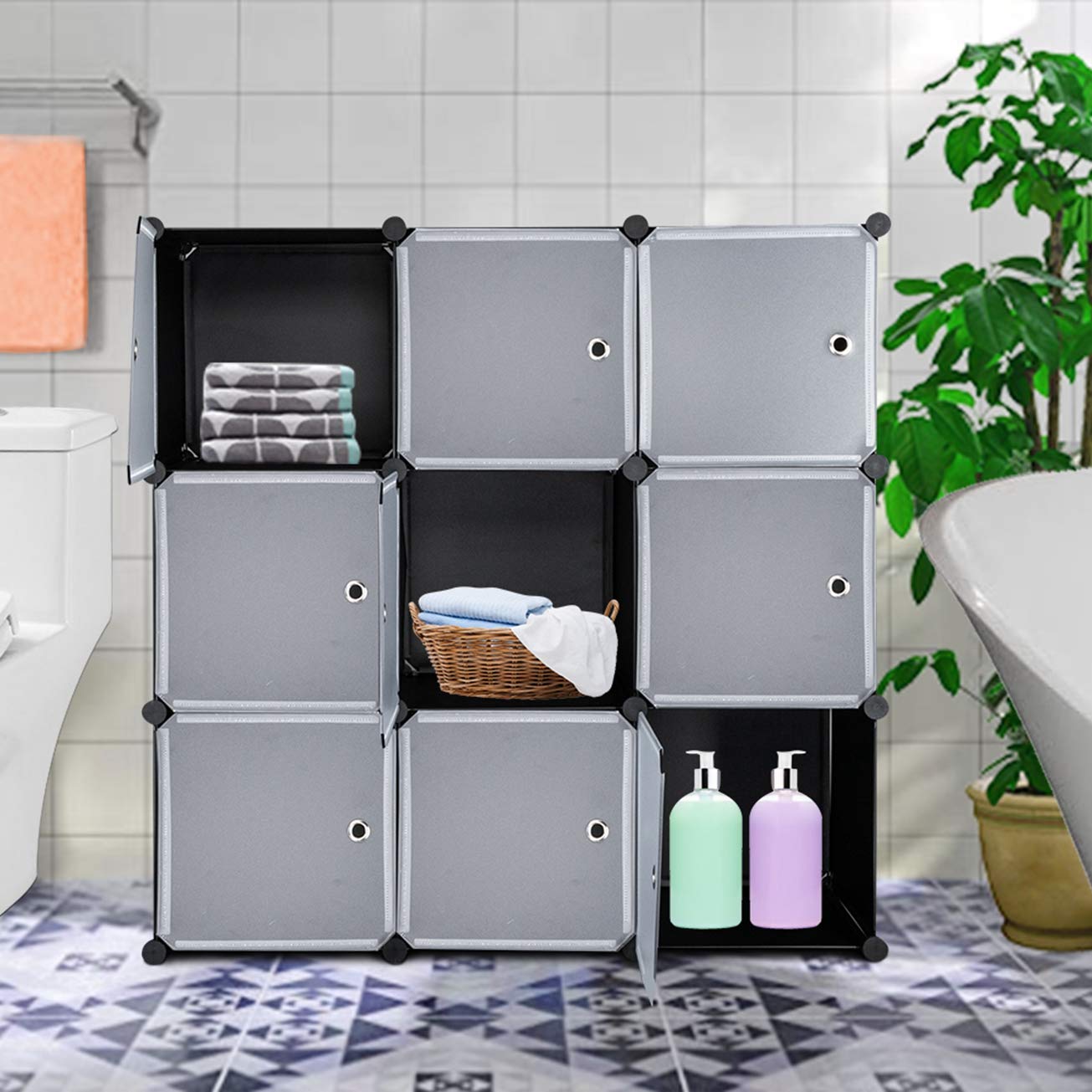 9-Cube DIY Plastic Closet Cabinet | Modular Bookshelf Organizer with Doors | Storage Shelf Units for Bedroom, Office & Kids Room | Simple Market Basket Stand by MITPATY