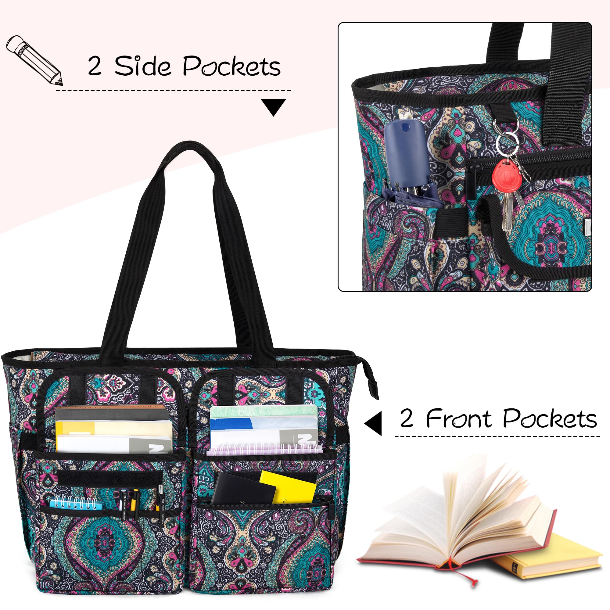 LoDrid Teacher Tote Bag with Bottom Pad & Separate Laptop Compartment (Fits 15.6 Inch) - Stylish Women's Work Bag for Teachers, Professionals & Commuters - Perfect for School, Office & Travel