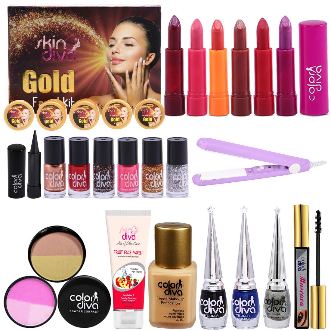 Adbeni Karwa Chauth Makeup Combo Set - 23 Piece Gold Facial Kit & Hair Straightener (GC1427) for Indian Festival Beauty & Bridal Makeup