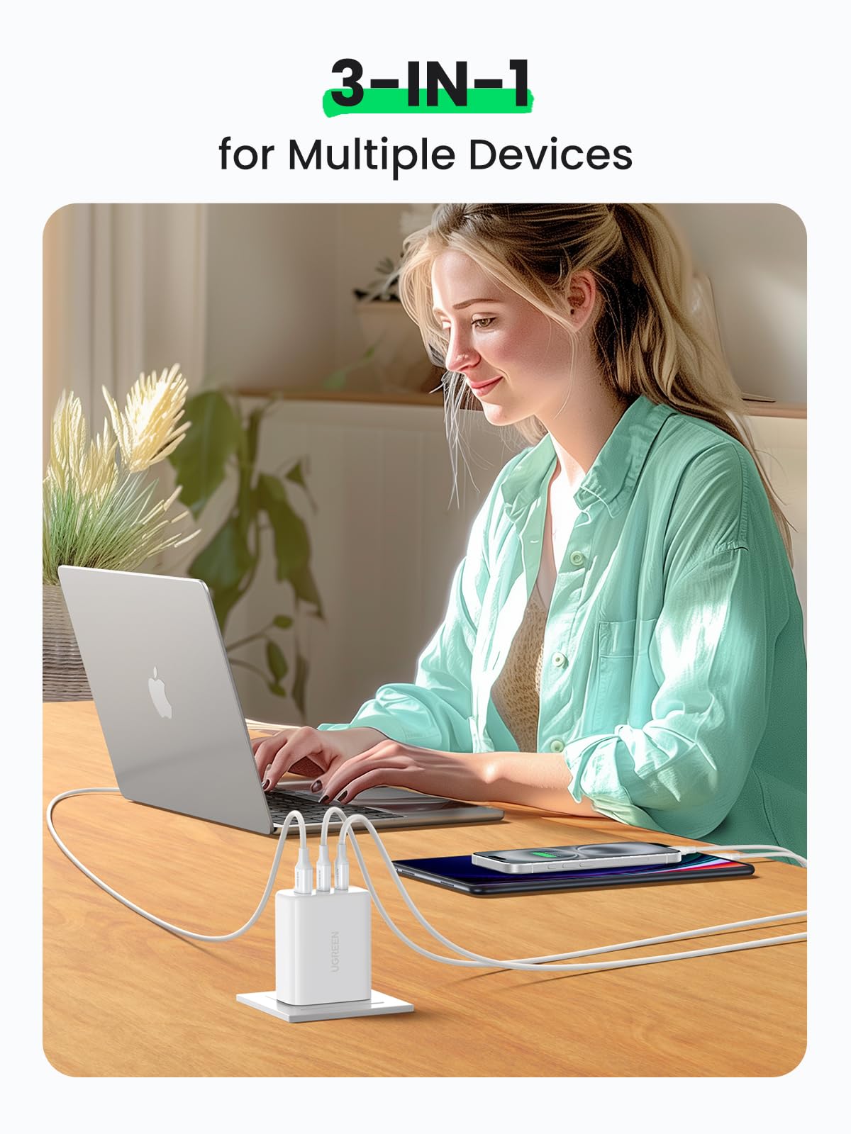UGREEN 65W USB C Fast Charger - 3 Port Compact Foldable Wall Charger for MacBook Pro/Air, iPhone 16/15/14, iPad Pro, Dell XPS, Steam Deck, Galaxy S24, Pixel 8/7 - Perfect for Travel, Office & Home Charging