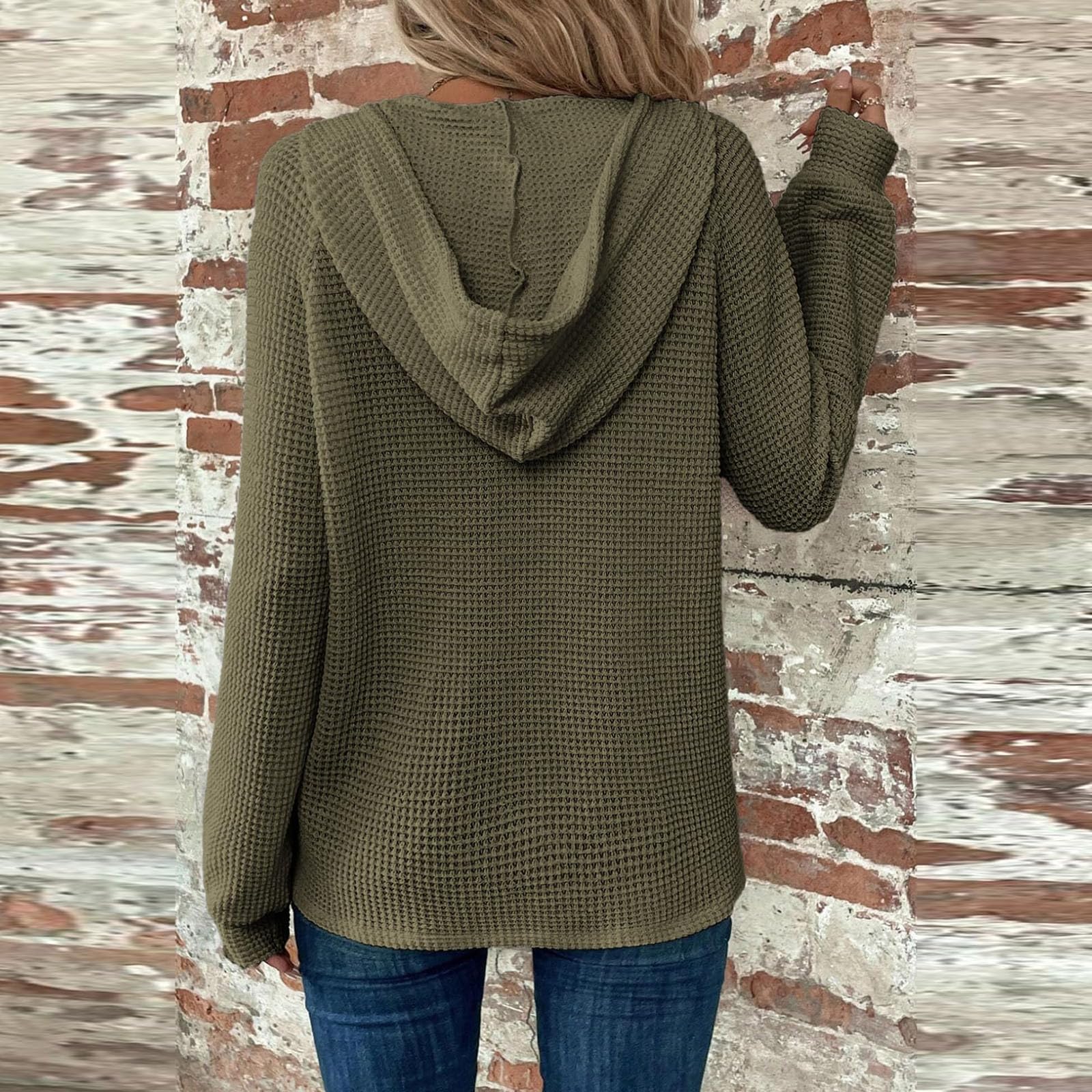Women's Waffle Knit Hoodie - Long Sleeve V-Neck Henley Pullover Sweatshirt with Drawstring & Button Details | Casual Loungewear for Fall, Winter & Cozy Home Wear