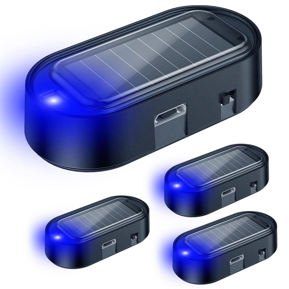 ELECTOP Solar Fake Car Alarm LED Light - Anti-Theft Security with USB Charging for Auto Safety (4PCS, Blue)