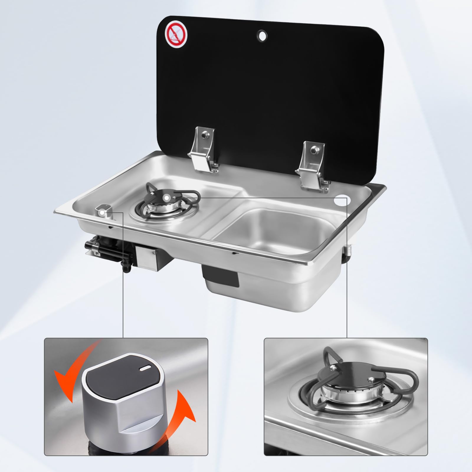 **Portable RV Sink and Gas Stove Combo - Stainless Steel Outdoor Cooktop with Tempered Glass Lid - Perfect for Camping, Boating & Caravan Kitchens**    **Use Scenarios:** Ideal for outdoor cooking, RV trips, camping adventures, boating, and caravan life.