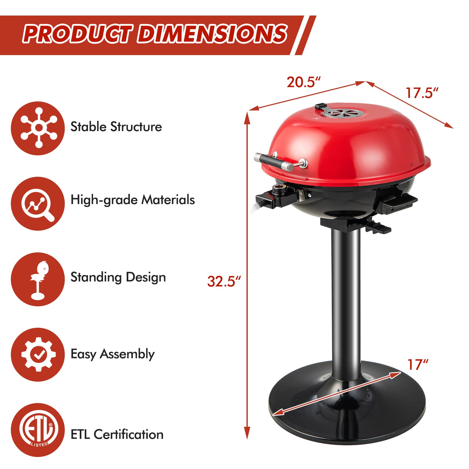 HAPPYGRILL 1600W Portable Electric Grill - Outdoor & Indoor BBQ Grill for 15 People, Compact Stand Grill for Patio, Balcony, Kitchen, Garden - Perfect for Camping, Picnics, Tailgating and Family Gatherings