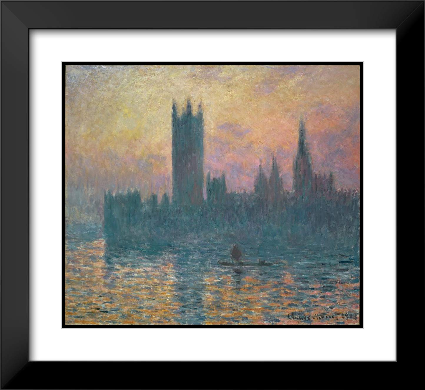 Claude Monet 'The Houses of Parliament, Sunset' 1903 Museum Art Print - 31x28 Inch Black Modern Framed & Double Matted Wall Decor for Living Room, Office & Gallery Display
