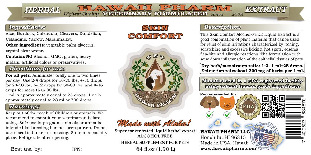 HawaiiPharm Skin Comfort for Pets - Alcohol-Free Herbal Liquid Extract, 64 oz - Natural Veterinary Supplement for Dogs & Cats - Soothes Itchy Skin & Promotes Healing