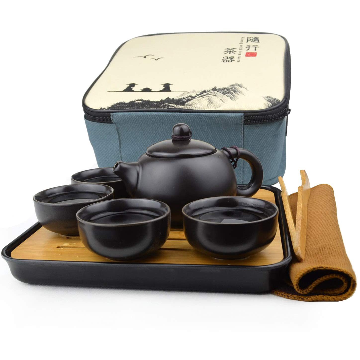 Premium Portable Travel Tea Set - Kungfu Tea Pot, Cups & Tray with Gift Accessories | Black Compact Tea Kit for Camping, Office & Outdoor Adventures