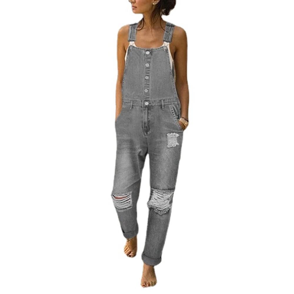 Women's Casual Button Down Bib Overall Jean Jumpsuit - Ripped Distressed Stretch Denim Romper Pants | Perfect for Streetwear, Music Festivals & Everyday Comfort