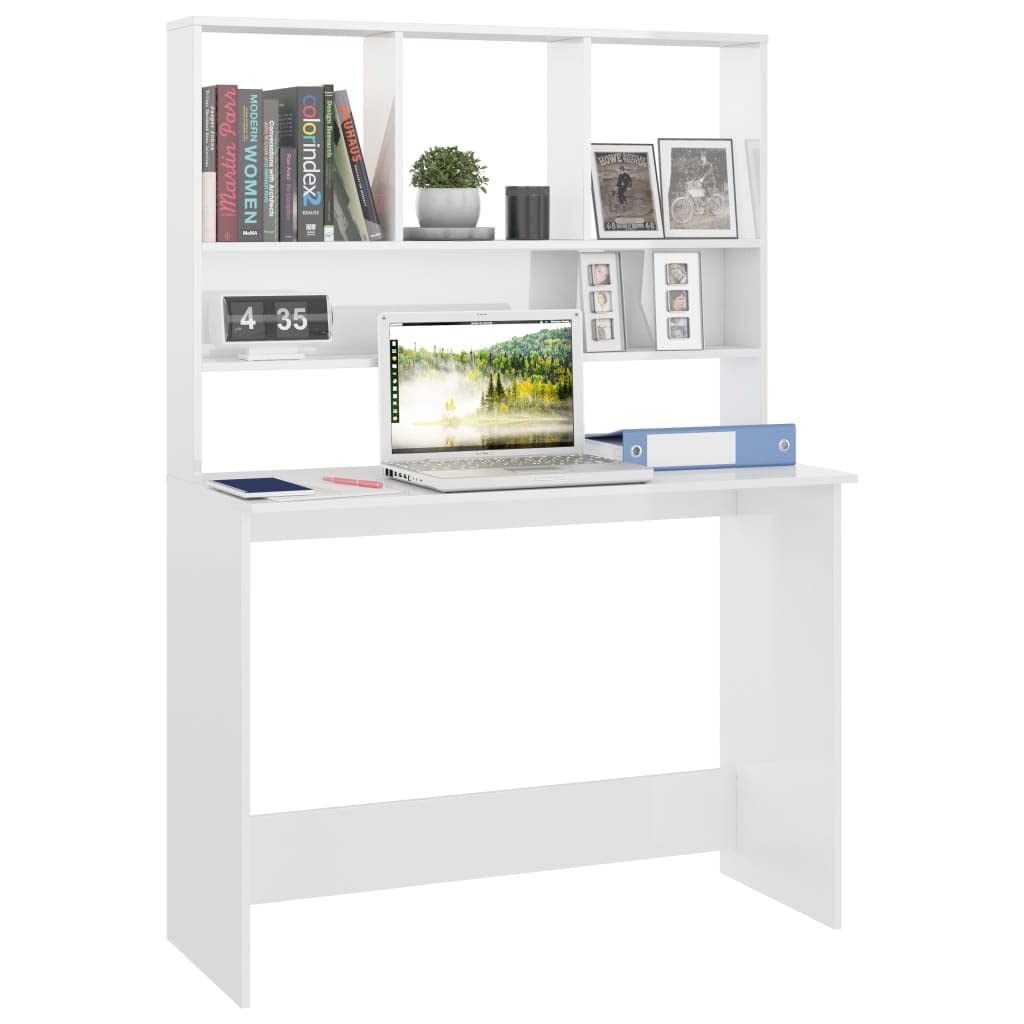 vidaXL Home Office Computer Desk with Storage - High Gloss White Engineered Wood Writing Table for Small Spaces, Study Room & Workstation Setup