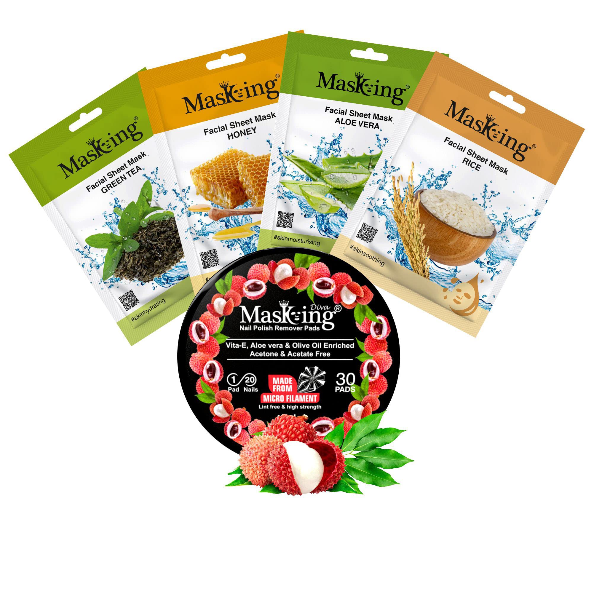 Premium Green Tea, Honey, Aloe Vera & Rice Facial Sheet Mask Combo Pack (4 Masks) - Hydrating & Brightening for Women & Men | Diva Litchi Nail Polish Remover with 30 Round Pads - Perfect for Spa Nights, Travel & At-Home Beauty Care