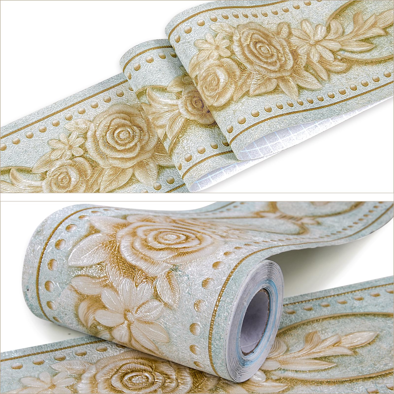 3D Elegant Royal Rose Green Flower Peel and Stick Wallpaper Border - Waterproof Self-Adhesive Wall Decoration for Bathroom, Kitchen, Ceiling (4.2