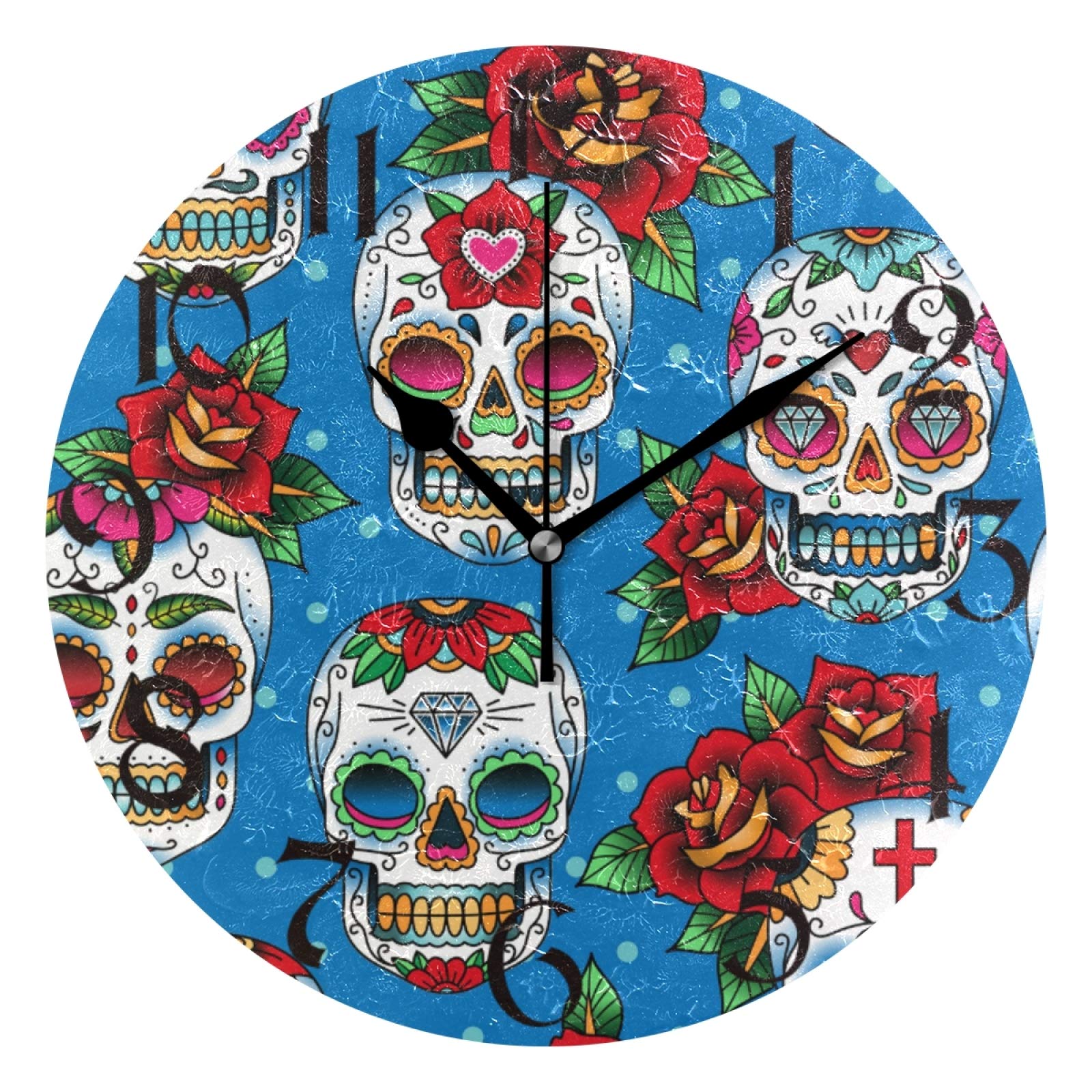 10 Inch Mexican Skull Flower Wall Clock - Silent Non-Ticking Quartz Analog, Red Peony Crystal Design, Battery Operated Dual-Use Art Decor for Halloween, Home, Bedroom & Living Room | Perfect for Gothic Decor, Day of the Dead Celebrations, and Unique Wall Art