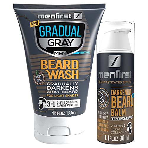 MenFirst Gradual Gray Beard Wash & Darkening Balm Kit - Light Shades, Dermatologist Tested with Vitamins for Blonde & Brown Hair | Natural White Hair Removal for Everyday Grooming & Professional Looks