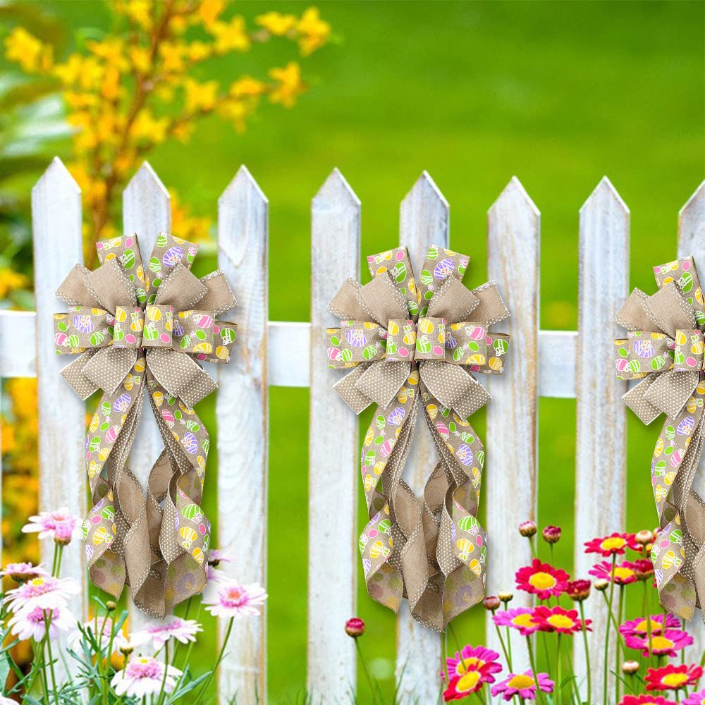Easter Wreath Bows for Front Door - Large Flaxen Burlap Bows with Easter Eggs for Spring Holiday Decor - Perfect for Wreaths, Walls, Windows, and Tree Toppers - Home & Easter Party Decorations