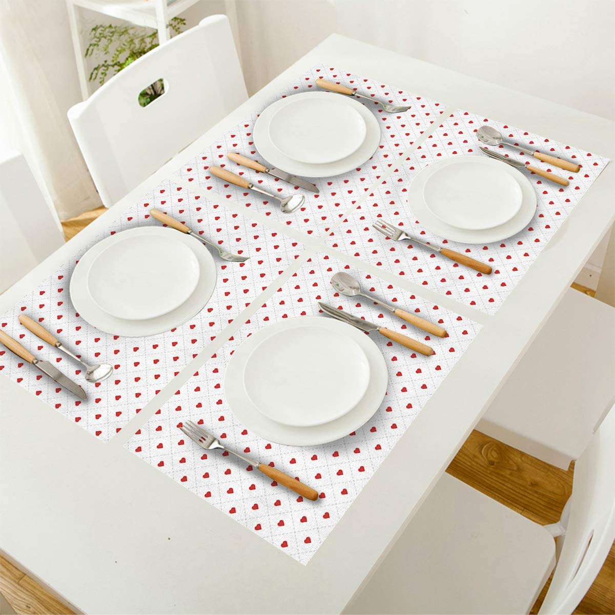 Valentine's Day Linen Placemats Set of 4 - Non-Slip Washable Kitchen Table Mats for Dining with Romantic Hearts Lattice Design | Perfect for Anniversary Dinners, Date Nights & Holiday Decor