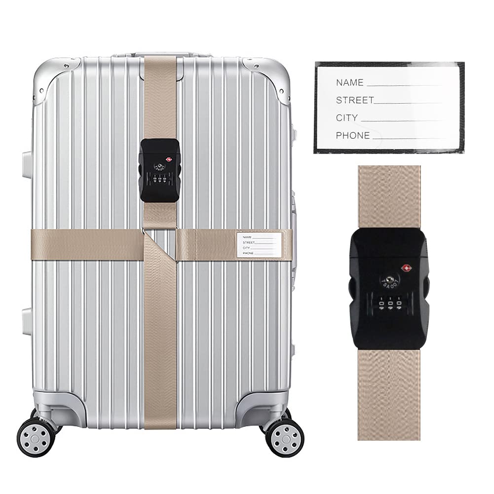 **Veki Cross Luggage Straps Set - TSA Approved Adjustable Suitcase Belts with Lock & Name ID Card - Secure Travel Packing Straps for Suitcases (Khaki) - Perfect for Air Travel, Business Trips & Vacation Packing**
