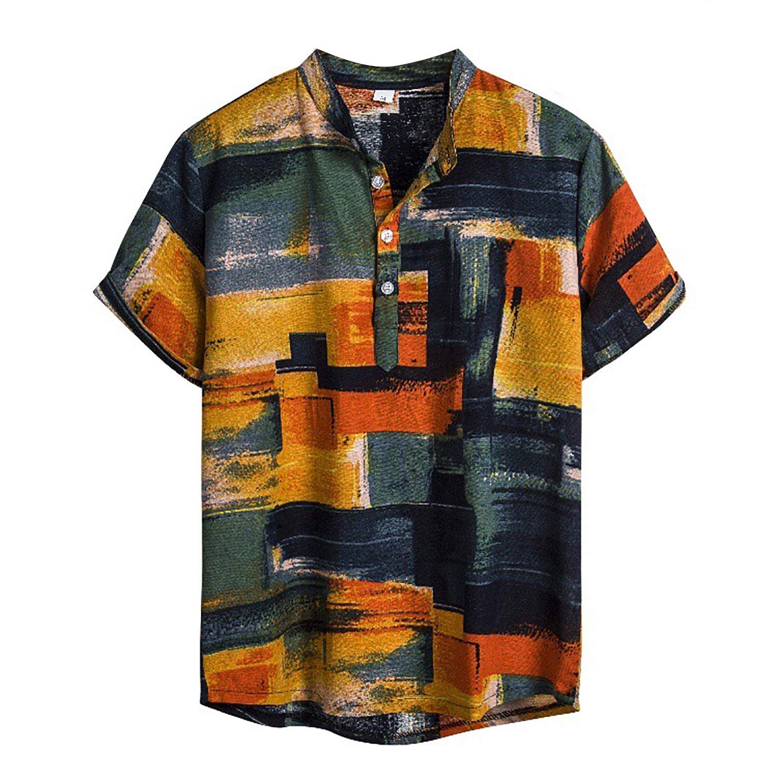 Men's Hawaiian Shirt Color Block Print Short Sleeve Button Down Casual Shirt - Regular Fit Beachwear with Spread Collar for Summer Vacation, Luau Party & Tropical Getaways