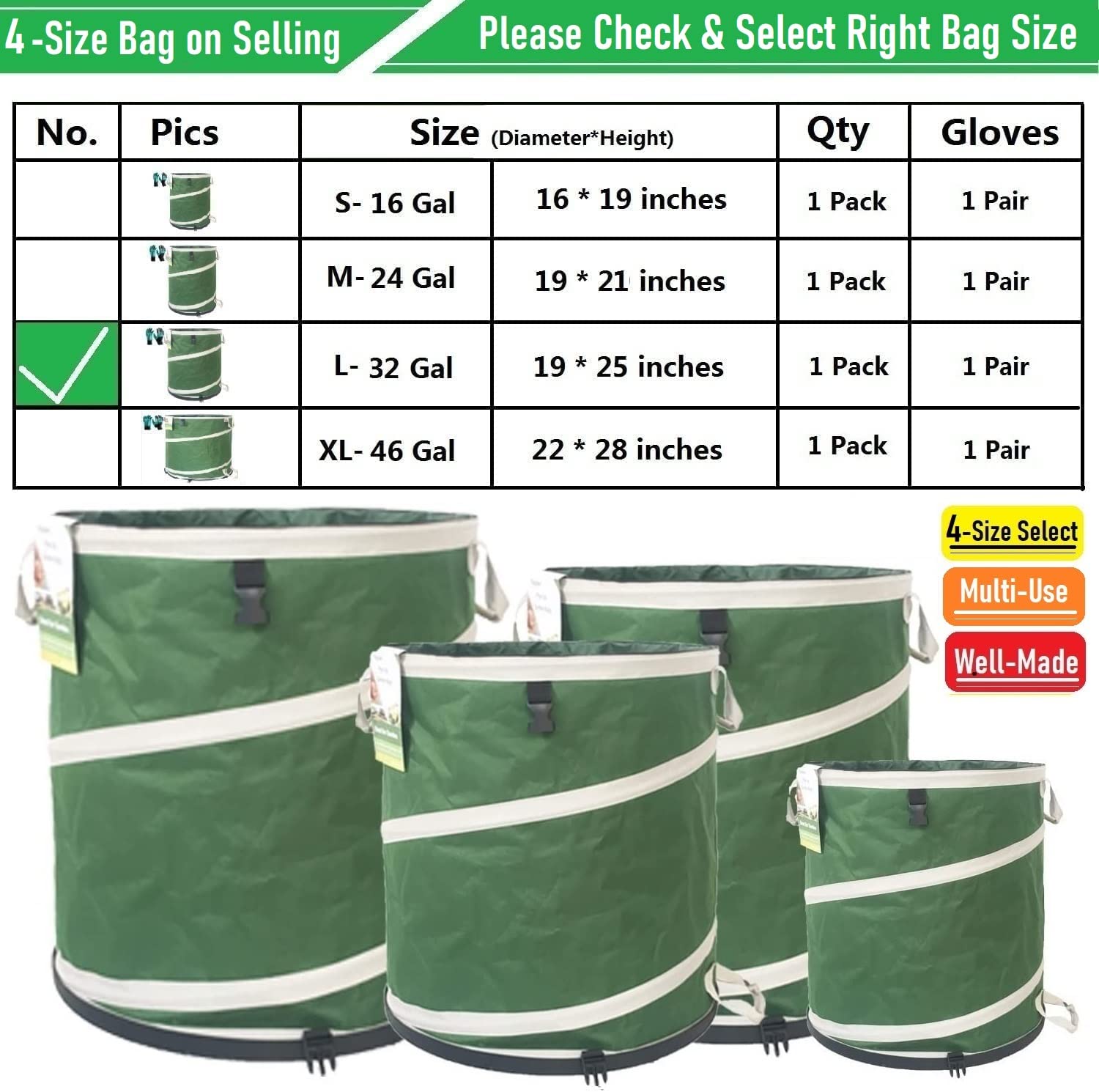 32-Gallon Collapsible Trash Can with Hard-Shell Bottom - 19x25 Inch Yard Waste Bag for Garden Debris, Recycling, Laundry & Camping | Durable Outdoor Storage for Leaves, Grass Clippings & Weeds | 4 Handles for Easy Transport | Perfect for Backyard, Garage & RV Use