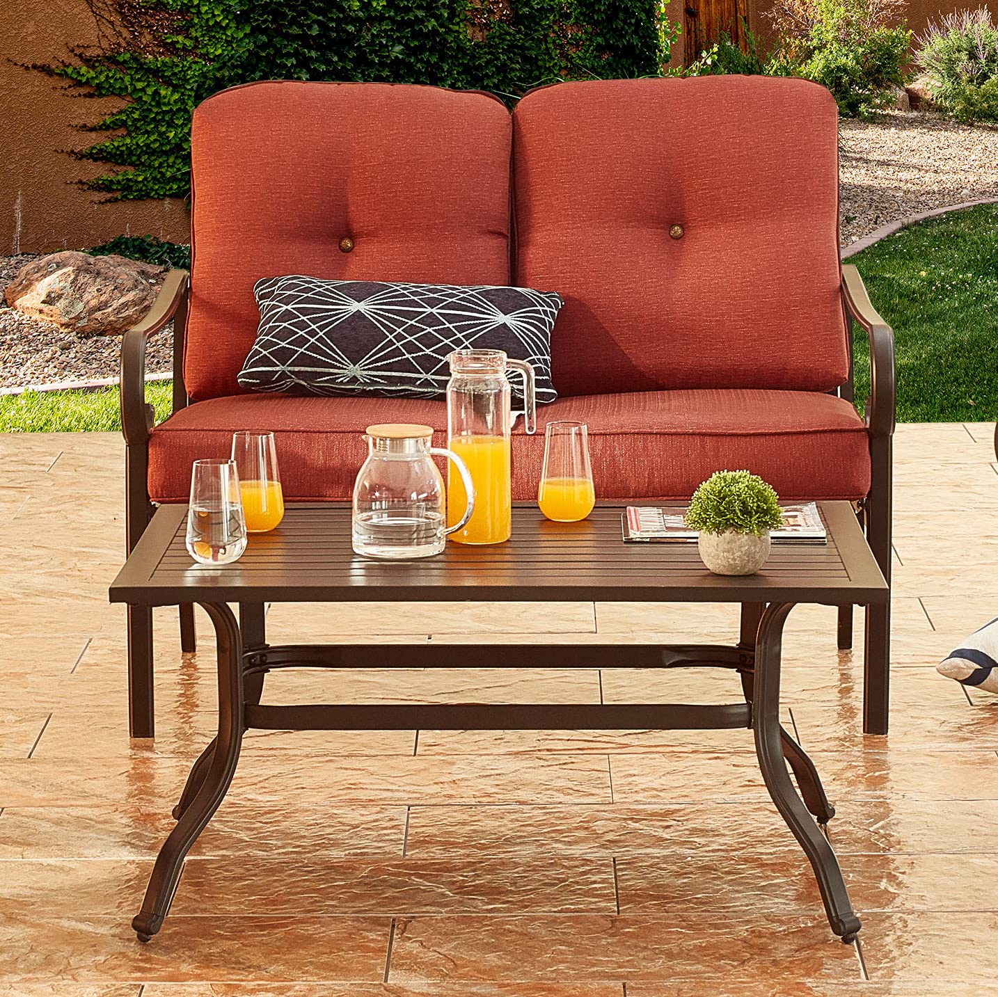 PatioFestival 2-Person Outdoor Loveseat Bench with 6.3 Inch Cushion & Coffee Table - All-Weather Steel Frame for Garden, Patio, and Backyard Relaxation