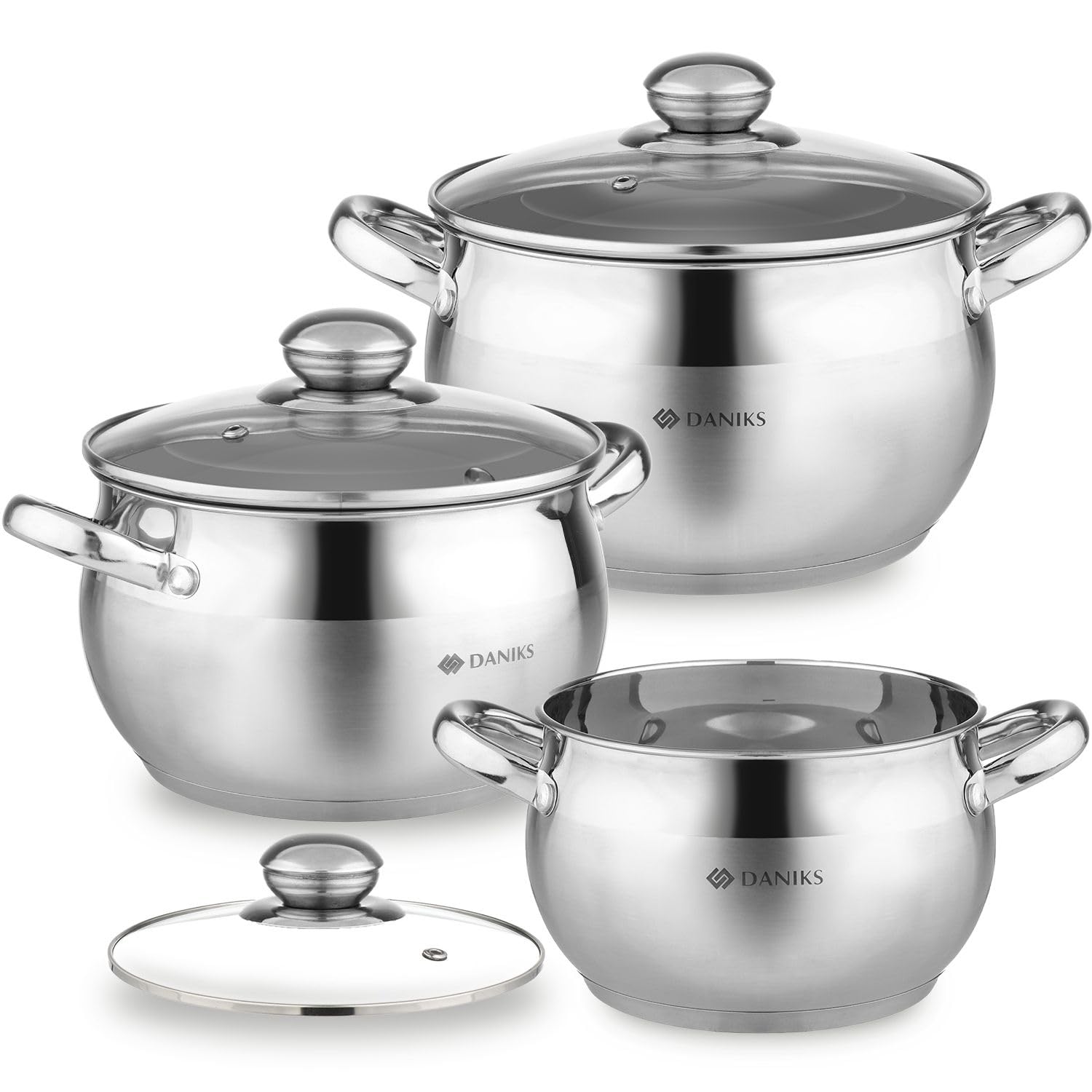 Daniks Classic 6-Piece Stainless Steel Induction Cookware Set - Dishwasher Safe Pots with Lids & Measuring Scale, Silver | Perfect for Home Cooking, Kitchen Upgrades & Gift Giving