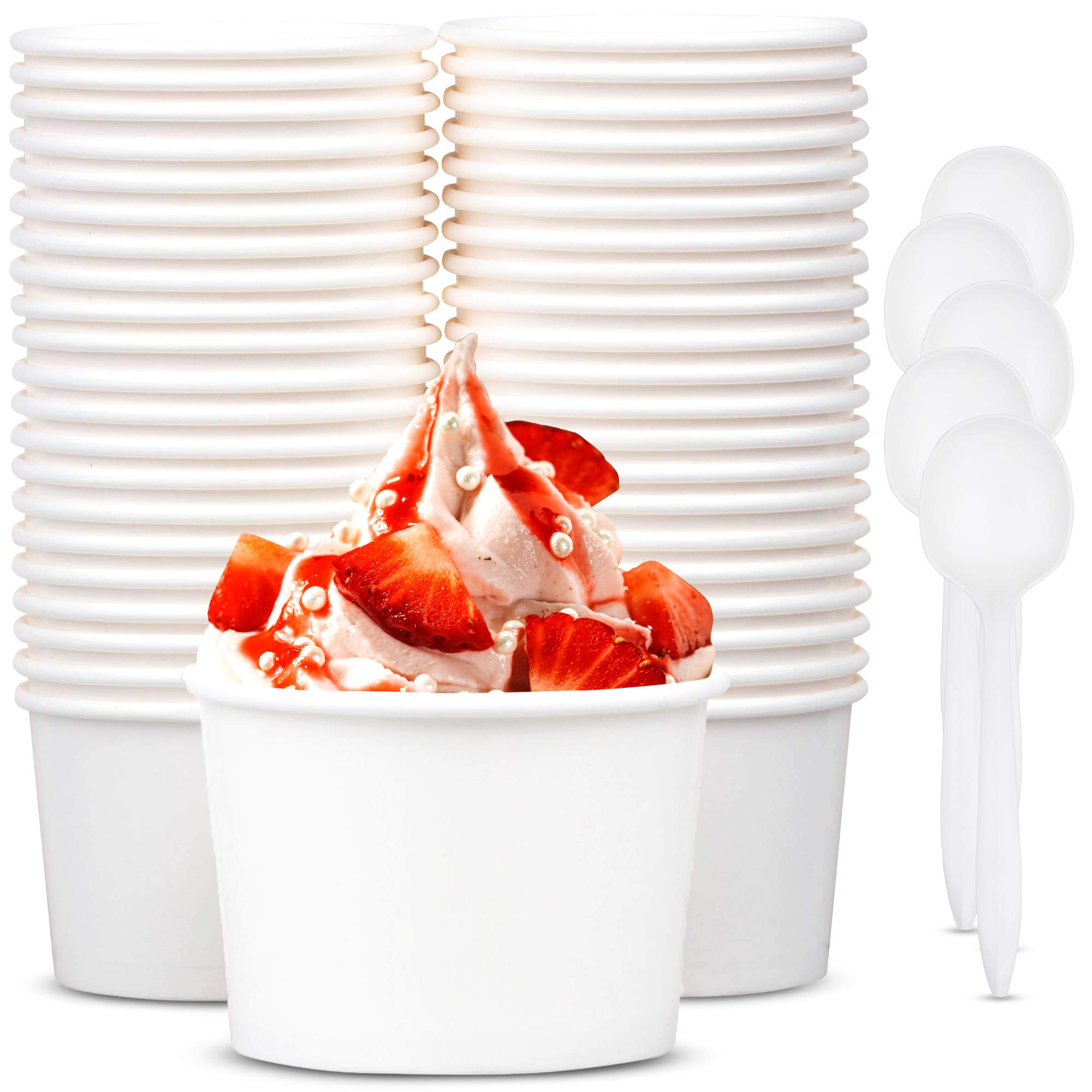 Promora 12oz Disposable Paper Ice Cream Cups with Spoons - 50 Count, White | Eco-Friendly Bowls for Hot Soup, Dessert, Frozen Yogurt | Perfect for Parties, Catering, Ice Cream Shops & Home Use