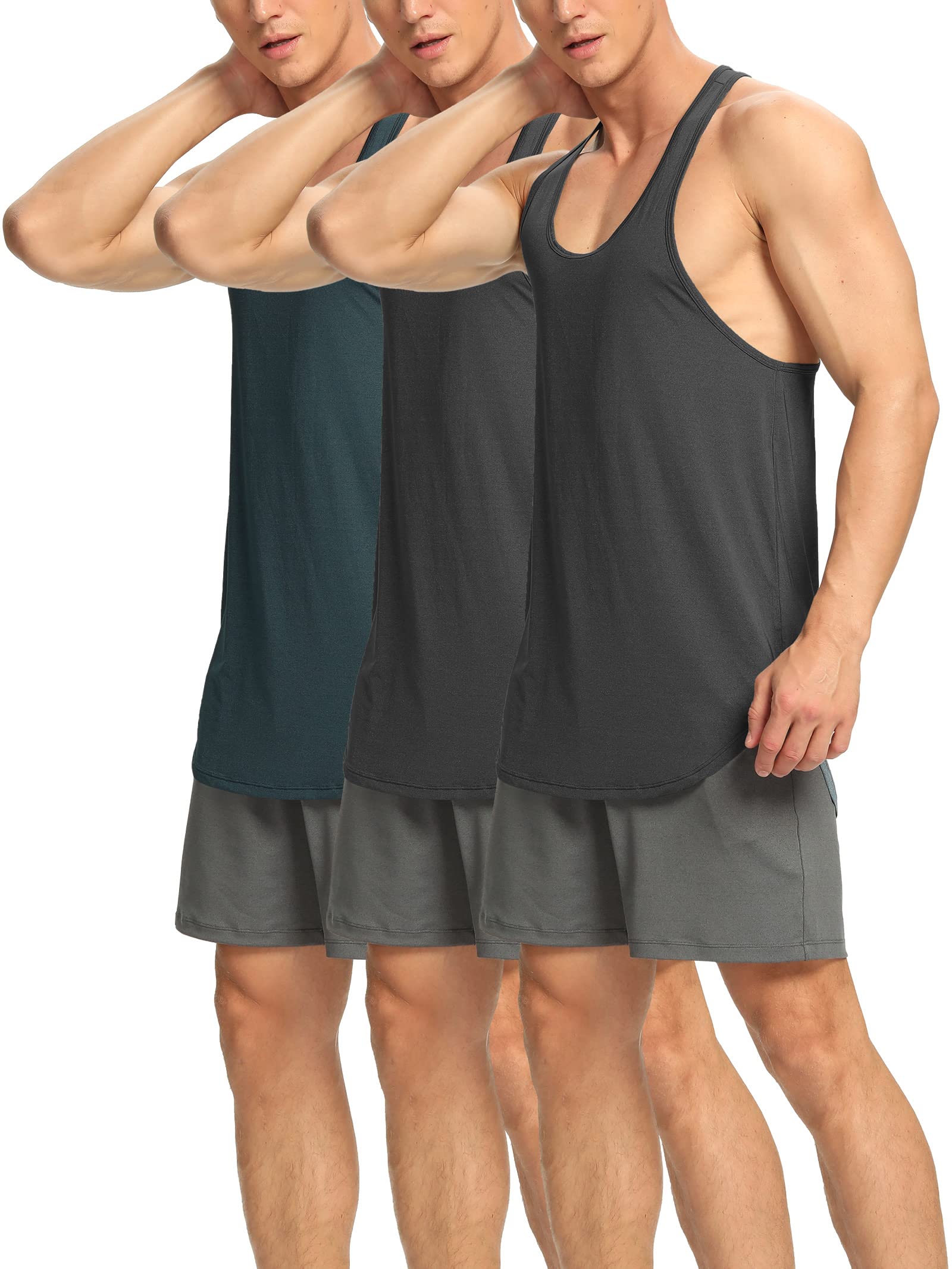 Men's 3 Pack Workout Tank Tops - Razorback Y-Back Sleeveless Shirts with Curved Hem, Moisture Wicking & Quick Dry for Gym, Running & Athletic Training