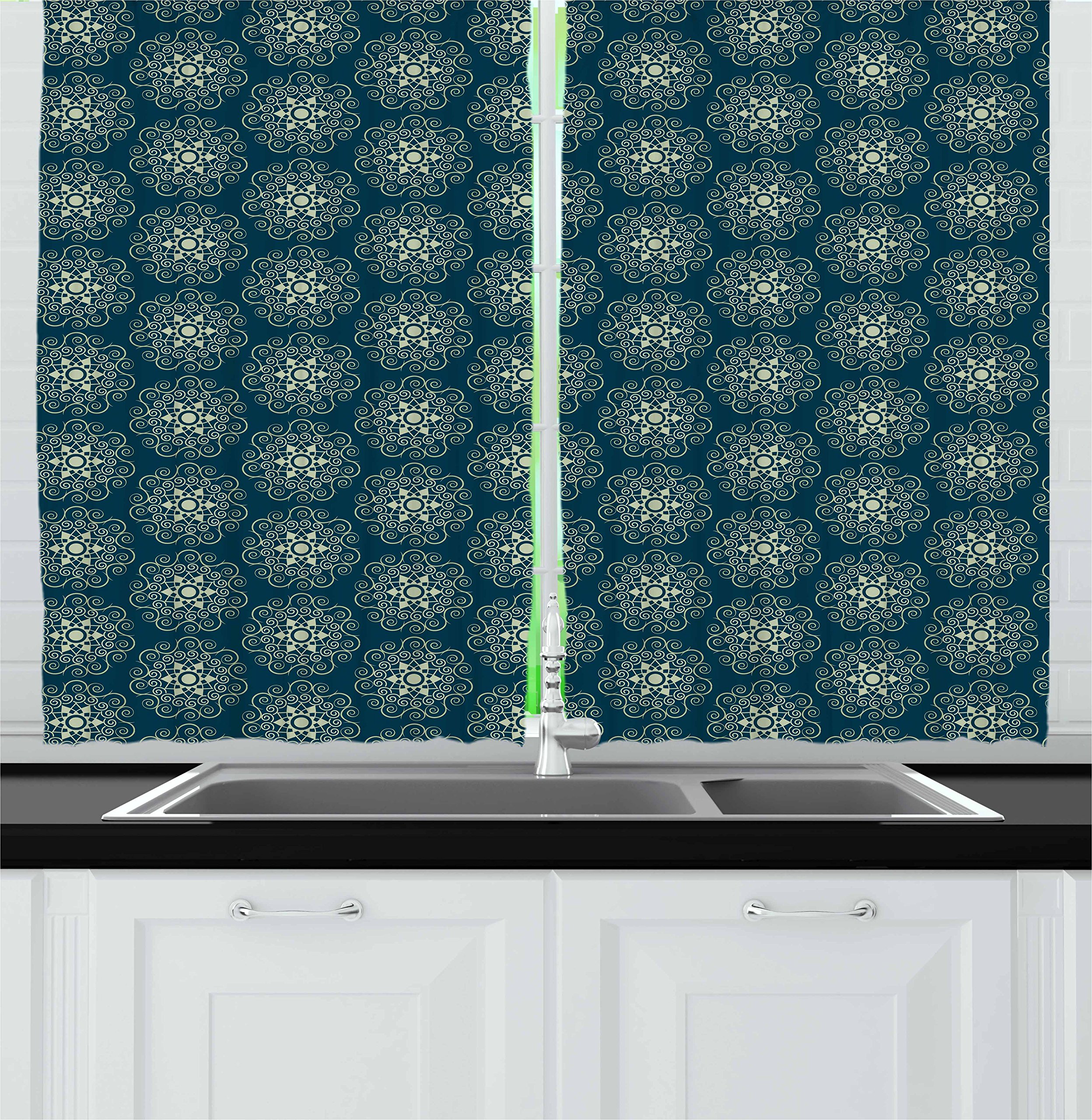 Ambesonne Victorian Kitchen Curtains - Vintage Stars & Geometric Swirls Window Drapes, 2 Panel Set (55x39 Inch) Dark Teal & Pale Green for Kitchen & Cafe Decor | Perfect for Farmhouse, Retro & Vintage Style Homes