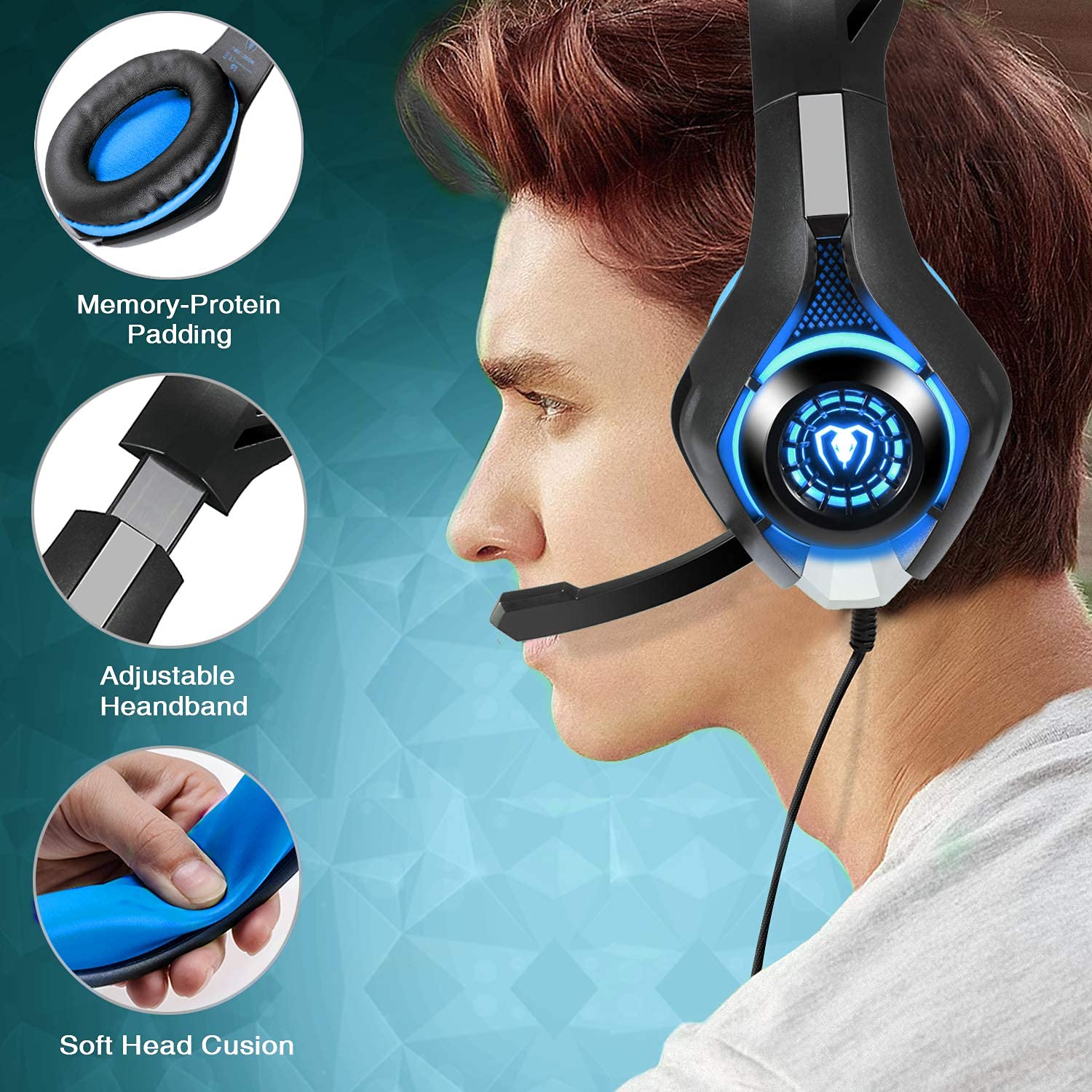Professional 3.5mm Gaming Headset with Microphone & LED Lights - Compatible with PS4, PS5, Xbox One, PC & Laptop (Blue) - Perfect for Immersive Gaming, Online Classes & Remote Work