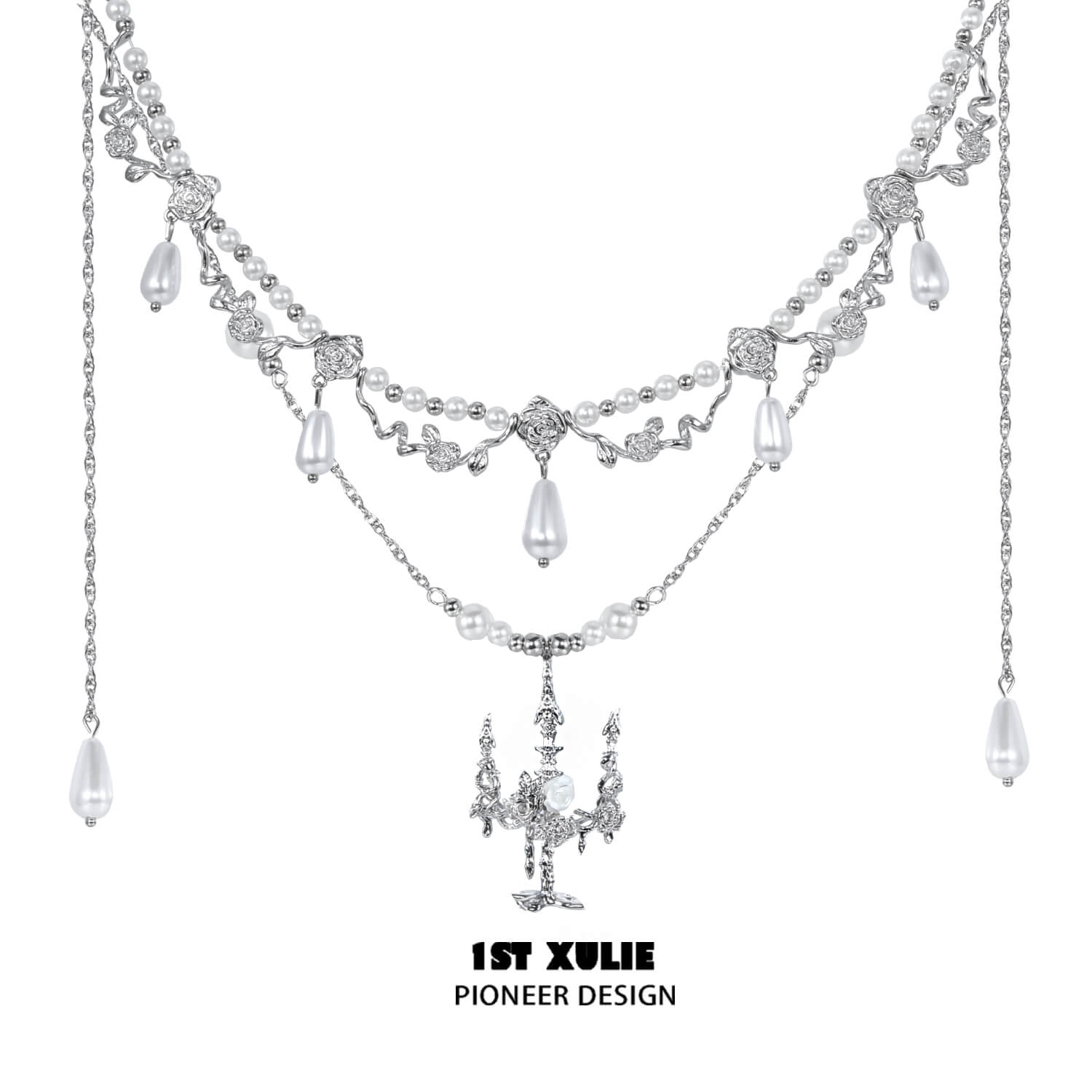 S925 Sterling Silver Rose White Shell Pearl Chandelier Necklace for Women - Elegant Crystal Palace Design, Perfect for Weddings, Parties & Special Occasions