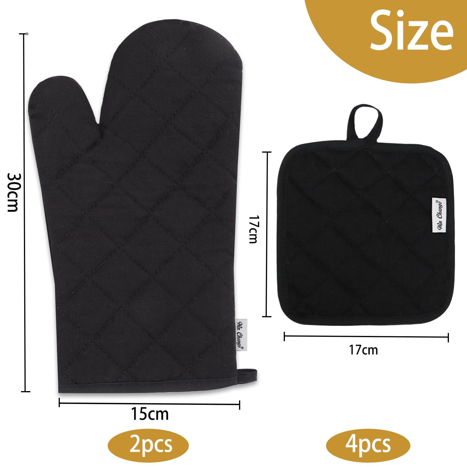6-Piece High Heat Resistant Oven Mitts and Pot Holders Set - Extra Thick Long Oven Gloves with Recycled Cotton for Baking, Grilling & Cooking (Black) - Perfect for Kitchen, BBQ & Holiday Cooking