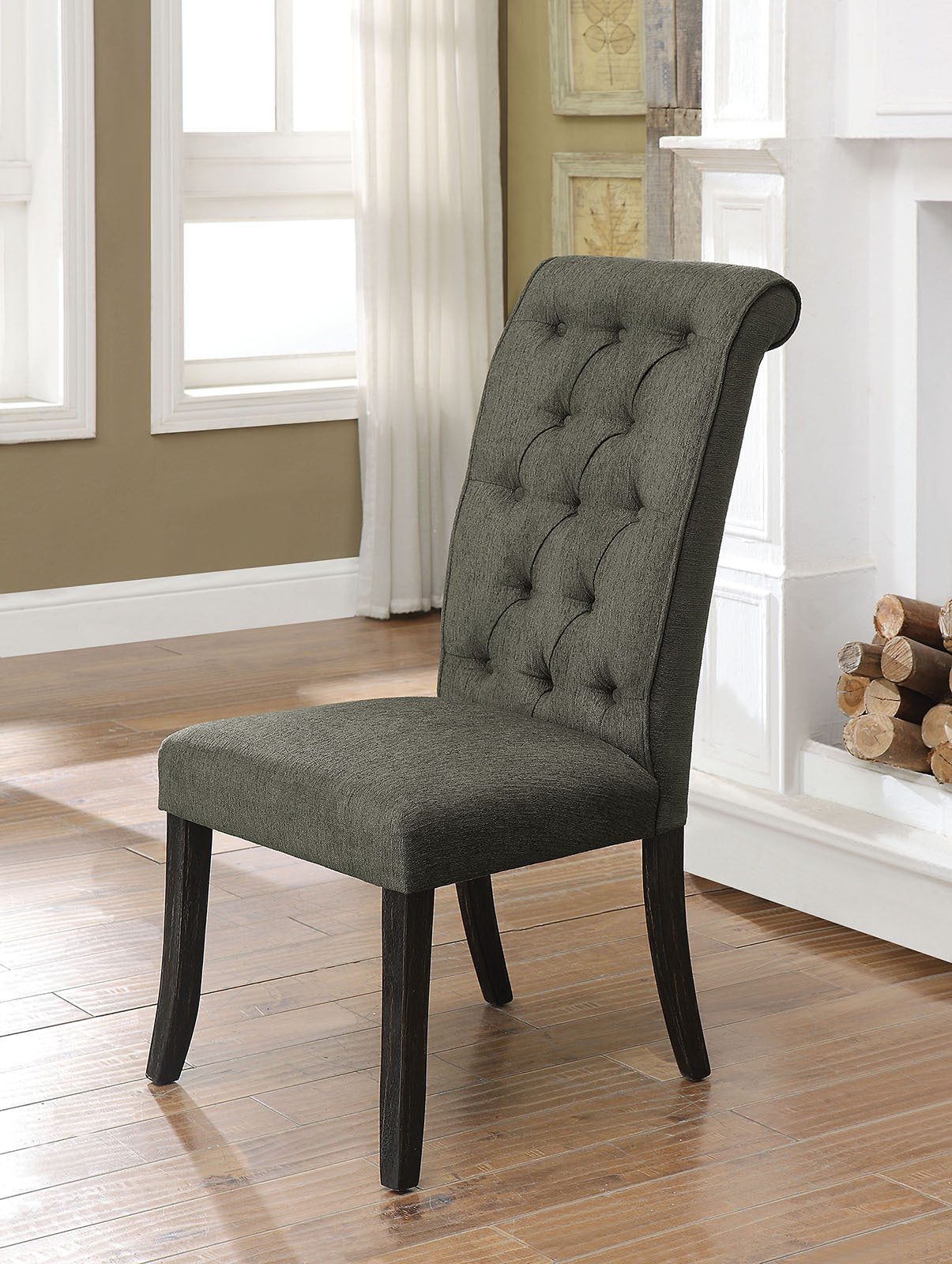 Contemporary Rustic Gray Fabric Upholstered Tufted Dining Chairs, Set of 2 - Modern Kitchen & Breakfast Room Furniture for Home Decor - Perfect for Farmhouse, Cottage, or Urban Dining Spaces