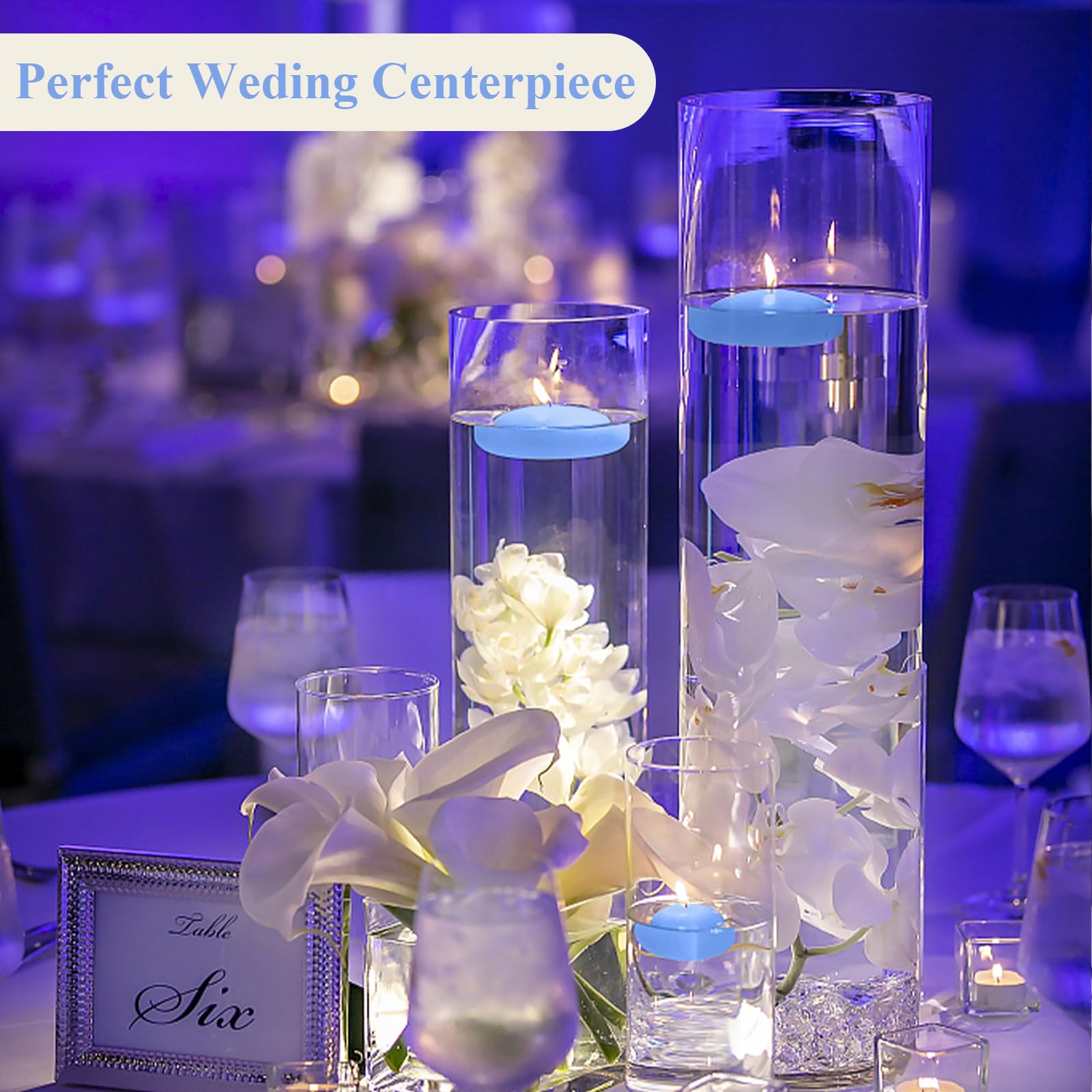 24 Unscented Blue Floating Candles - 2 Inch Long-Lasting Water Candles for Birthday, Wedding, Party & Holiday Decorations - Elegant Centerpiece for Pool, Bathtub, Vase or Tabletop Displays