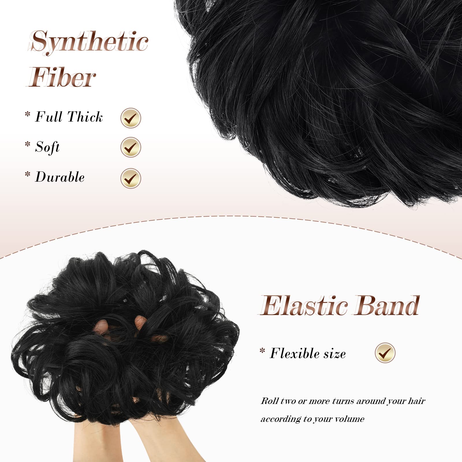 FESHFEN Wavy Curly Messy Hair Bun Extensions - Donut Hair Chignon, Wig Scrunchy, Ponytail Hairpiece - Perfect for Updos, Parties & Everyday Styling (Jet Black)
