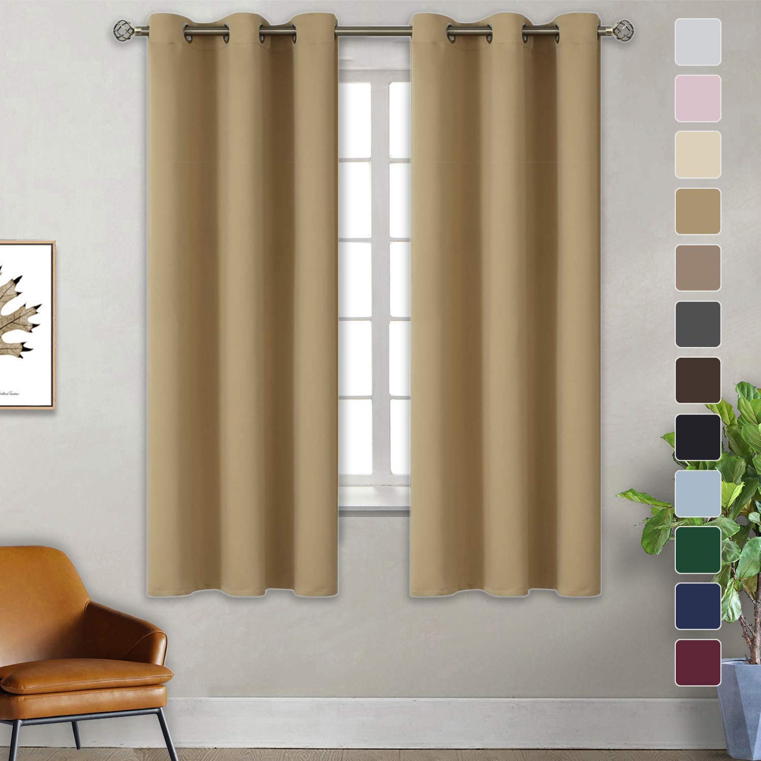 Ring Curtains for Bedroom - Top Blackout Privacy Drapes with Noise Reduction, Light Blocking & Room Darkening Home Décor (Khaki, 47