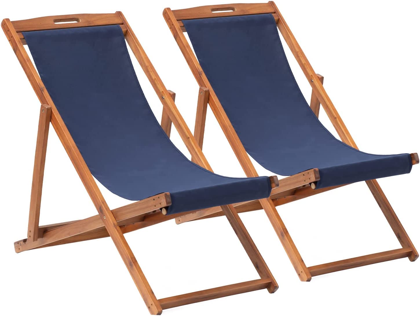 2-Pack Adjustable Wooden Folding Beach Chairs - Portable Reclining Patio Lounge Chairs for Outdoor, Backyard & Poolside - 3-Level Height Adjustable Sling Chairs for Relaxing in Sun, Sand or Garden